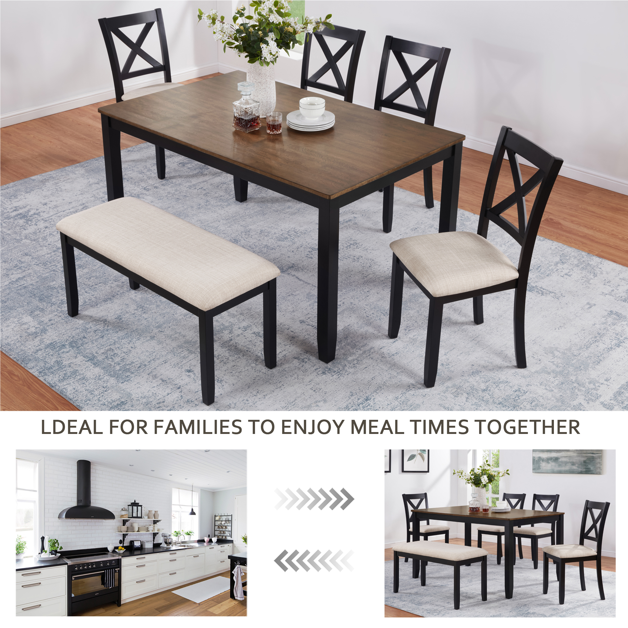 6-Piece Dining Table Set with Bench, Classic Wooden Dining Table Set for 6, Timeless Farmhouse 6-Person Dining Table Set for Dining room, Kitchen, Black & Oak  two tone — foto 3