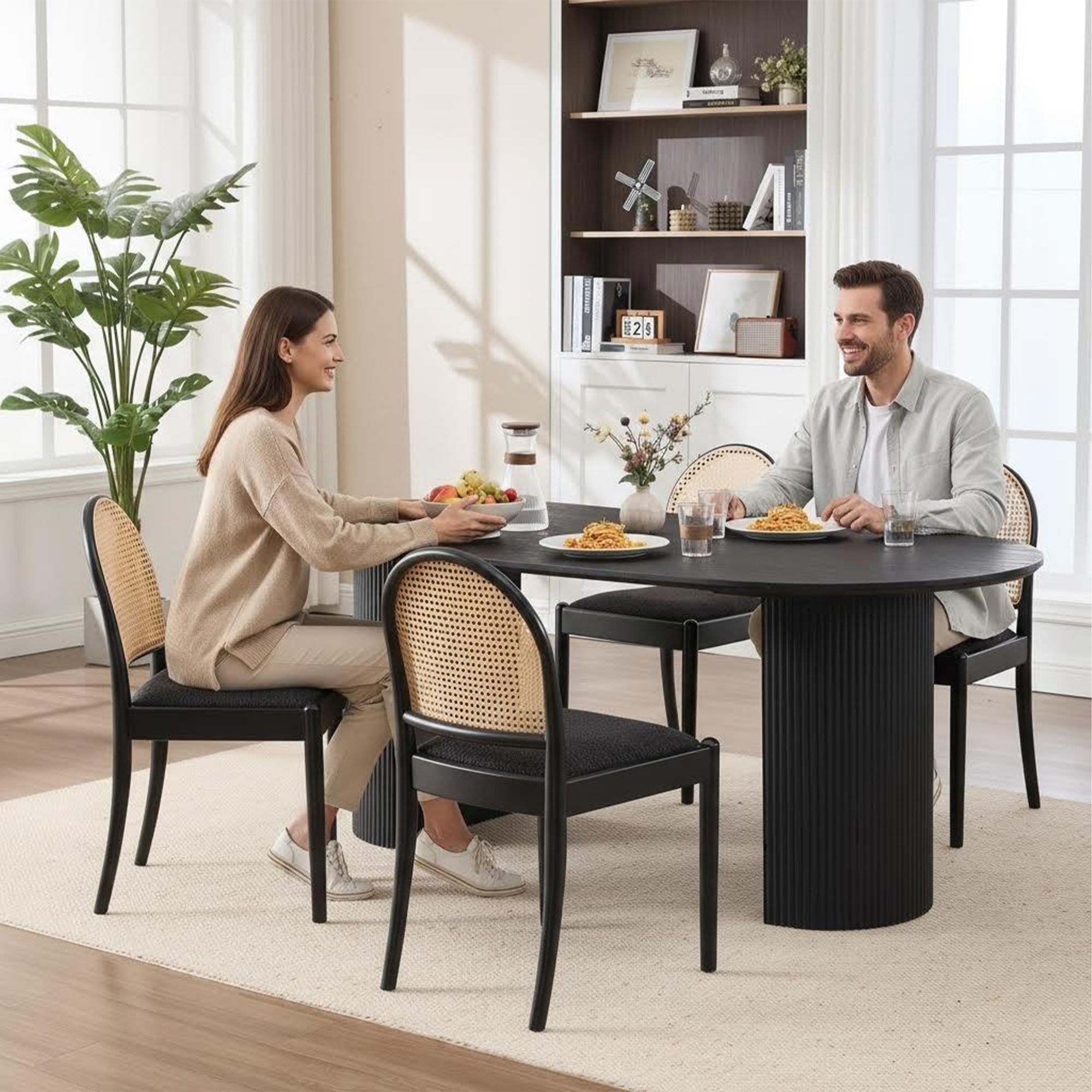 Rattan Dining Chairs Set of 2, Upholstered Linen Dining Room Chairs with Backrests, Modern Kitchen Chairs with Wood Legs for Dining Room, Black — foto 4