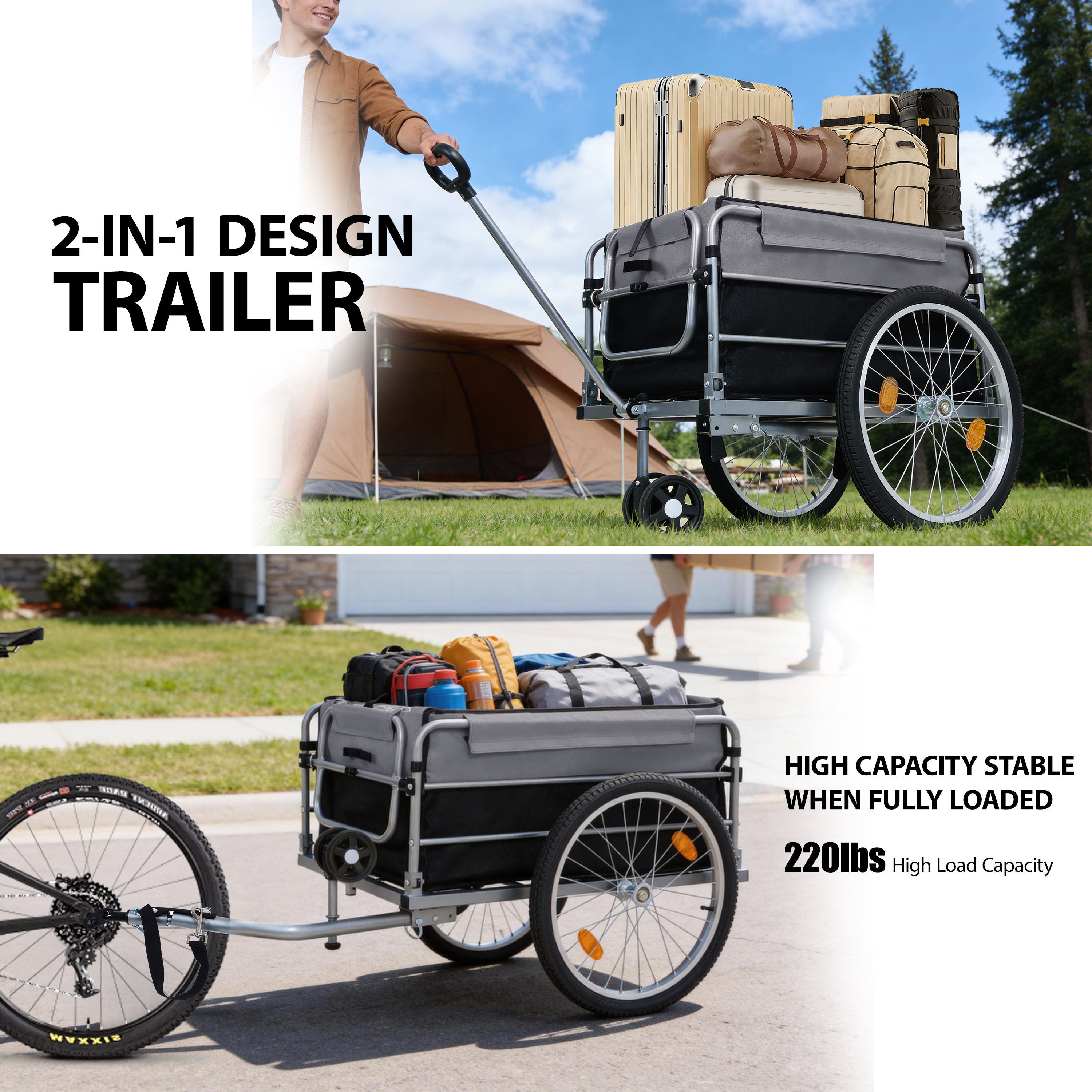 Bike Cargo Trailer, Aluminum Luggage Cart,Heavy Duty 220 lbs Bicycle Wagon Cart, 20" Whee,l Folding Groceries Hauler with Safe Hitch System, Removable Cover, Oxford Fabric for Cycling Travel — foto 4
