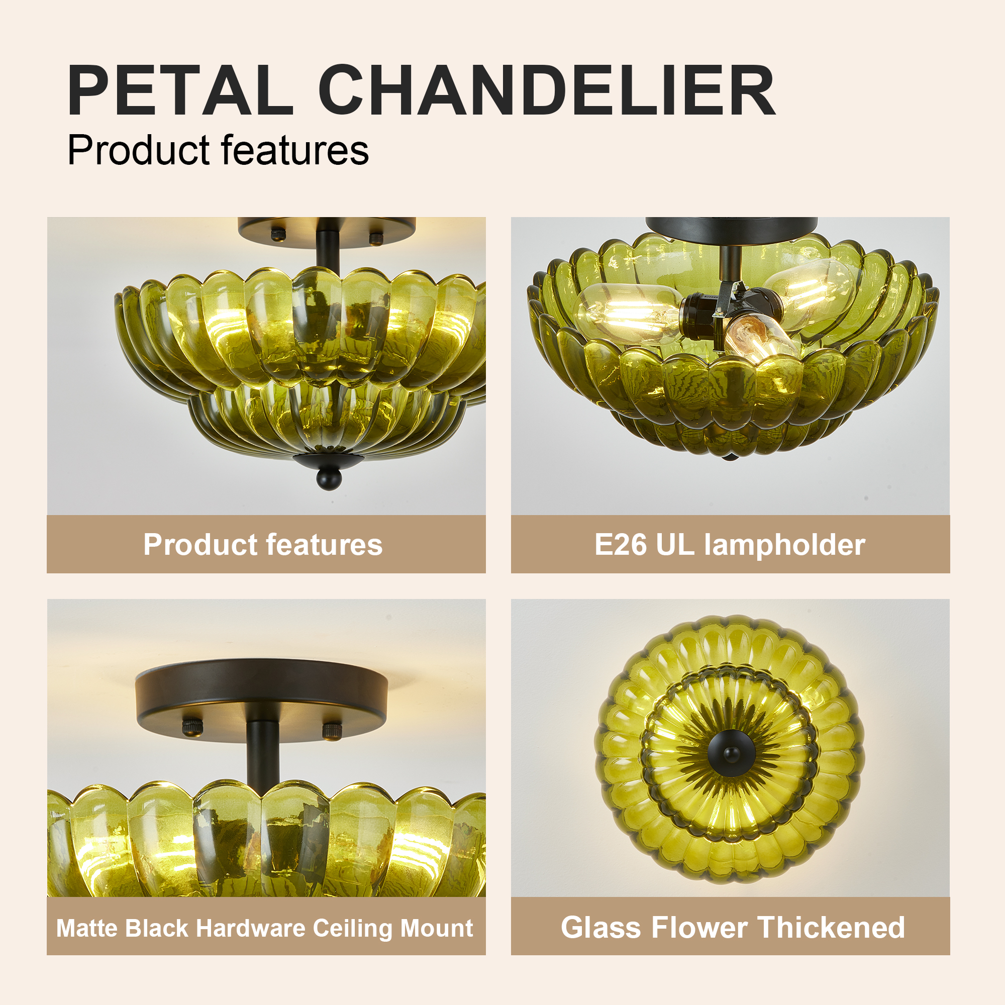 Semi Flush Mount Ceiling Light, Green Glass Ceiling Light Fixture, 3-Bulb Modern Black Close to Ceiling Light, Vintage Glass Ceiling Lights for Bedroom Kitchen Living Room, Bulb Not Included — foto 3