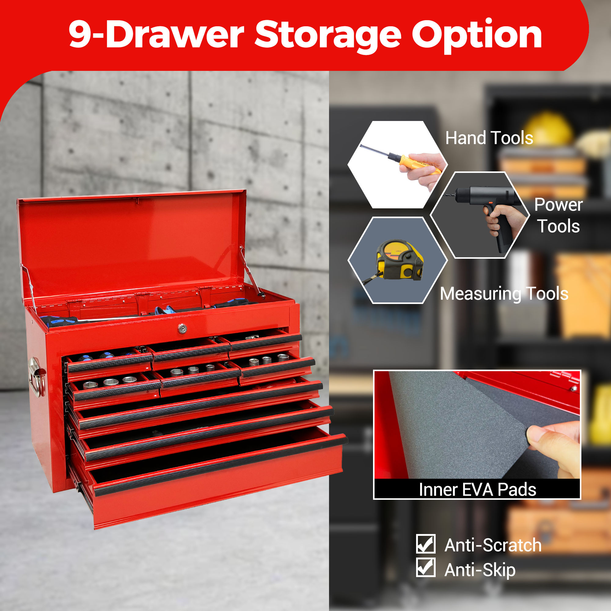 Heavy Duty Metal Tool Box, 24-inch, Portable Metal Tool Box with 9 Drawers, Small Tool Chest with EVA Liners, Ball Bearing Slide Drawers Locking & Powder Coated Finish, Multi-Function Tool Organizer — foto 6
