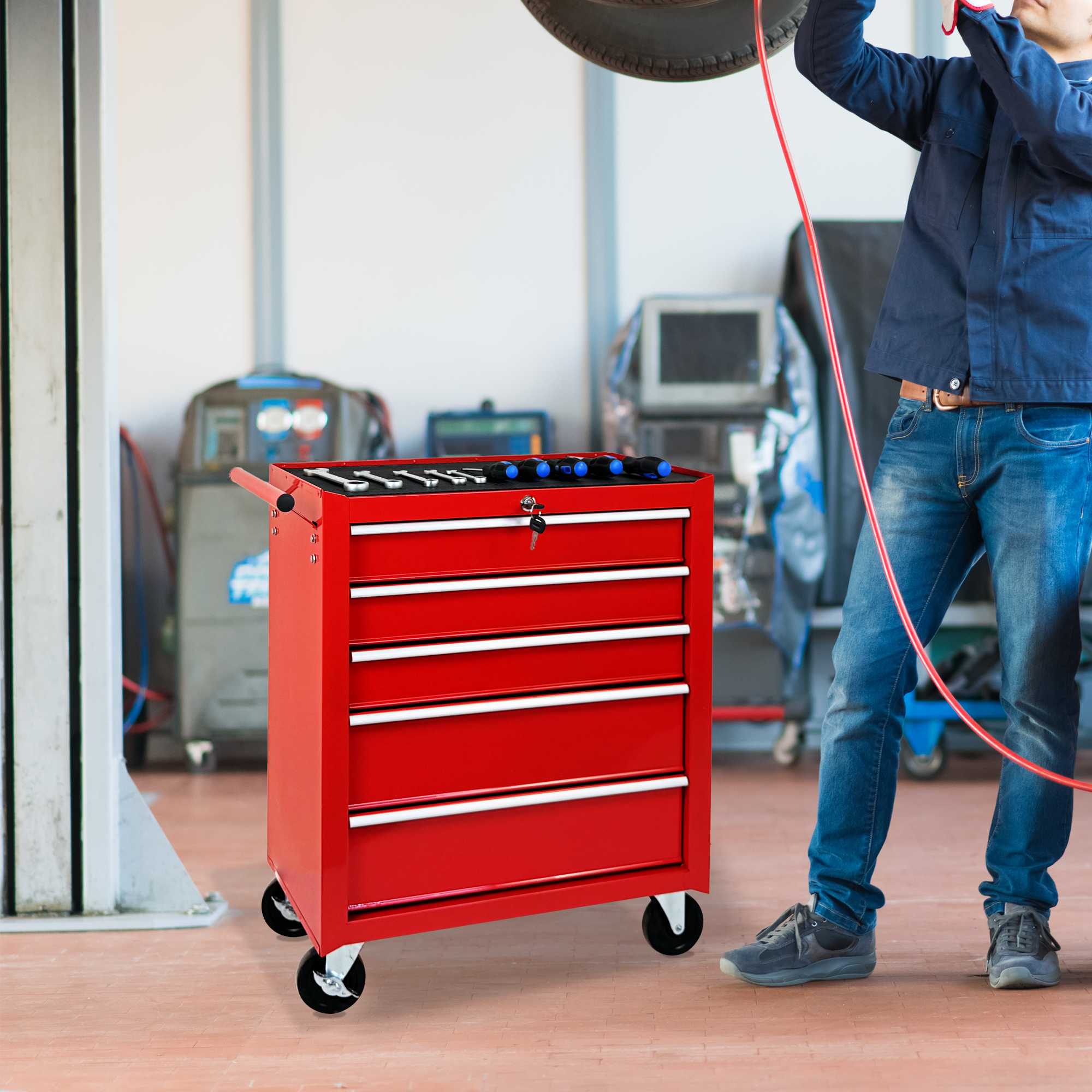 5-Drawer Rolling Tool Chest w/Lock & Key, Tool Storage Cabinet with Wheels, Top Cushion & Drawer Liners, Tool Organizer Box for Garage, Warehouse & Repair Shop-RED — foto 12