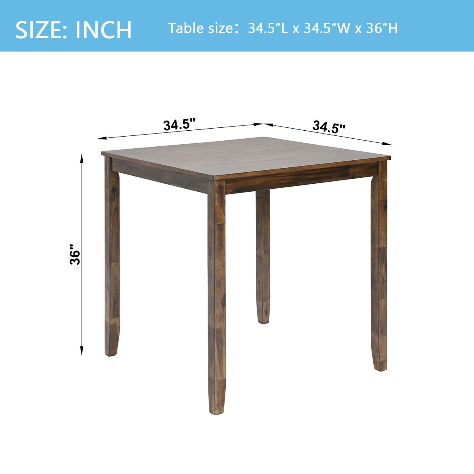 Wooden Dining Square Table, Kitchen Table for Small Space, 4 Person Counter Height Table, Walnut ONLY THE TABLE 8