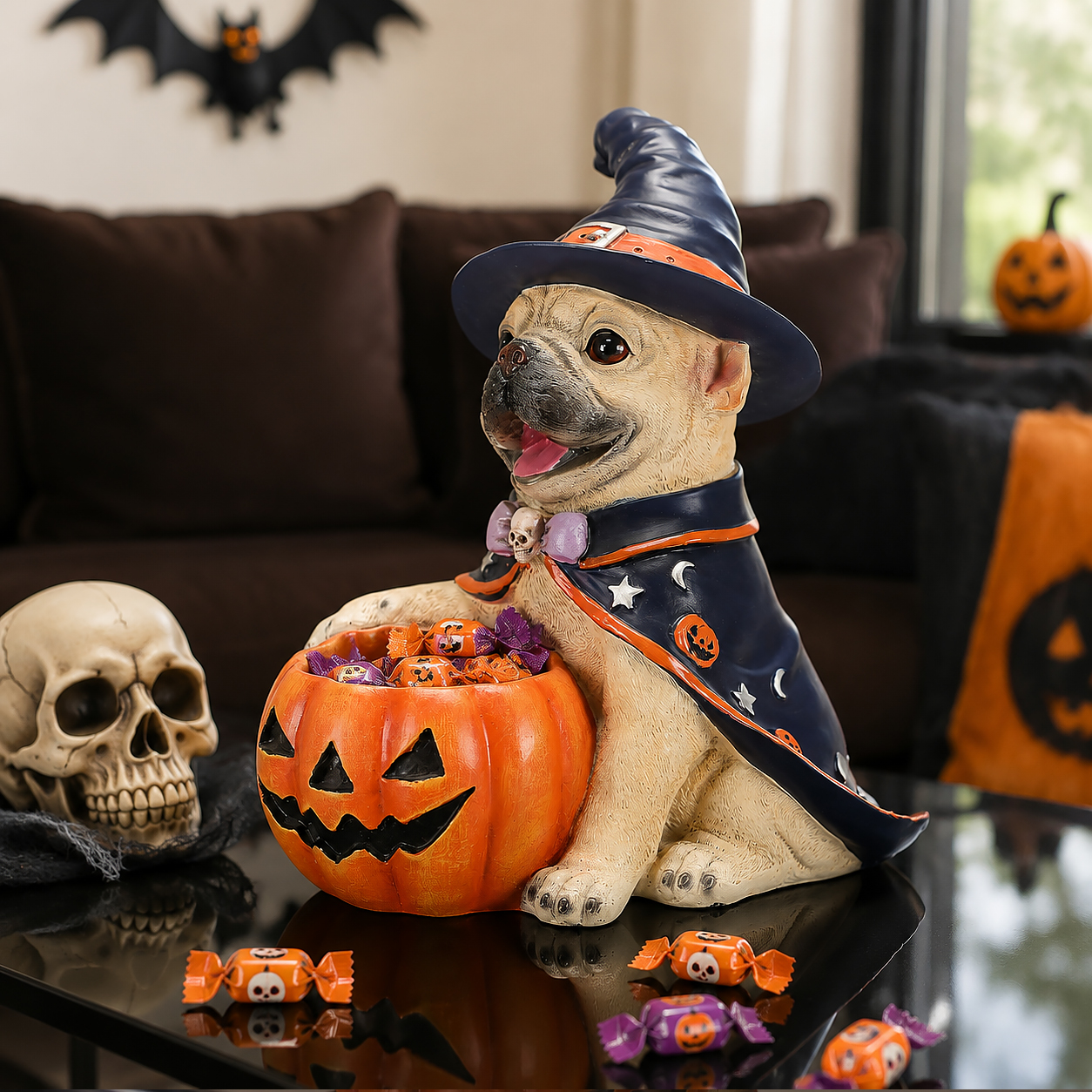 Halloween French Bulldog Witch Puppy Figurine, Cute Dog Holding Pumpkin Candy Bowl Decoration