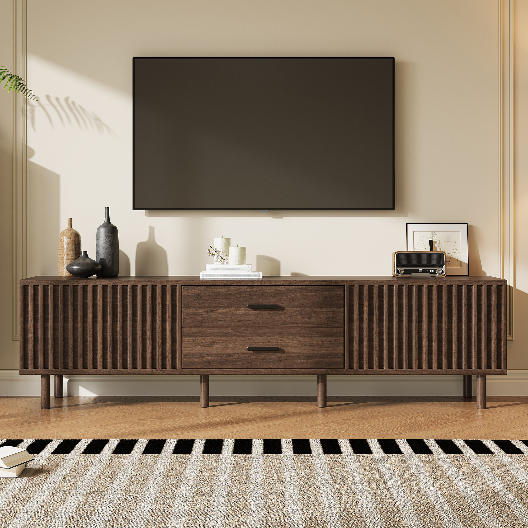 70inch Modern TV Stand for TVs up to 80 inches for Living Room, Media Entertainment Center with Ample Storage & Solid-Wood Legs