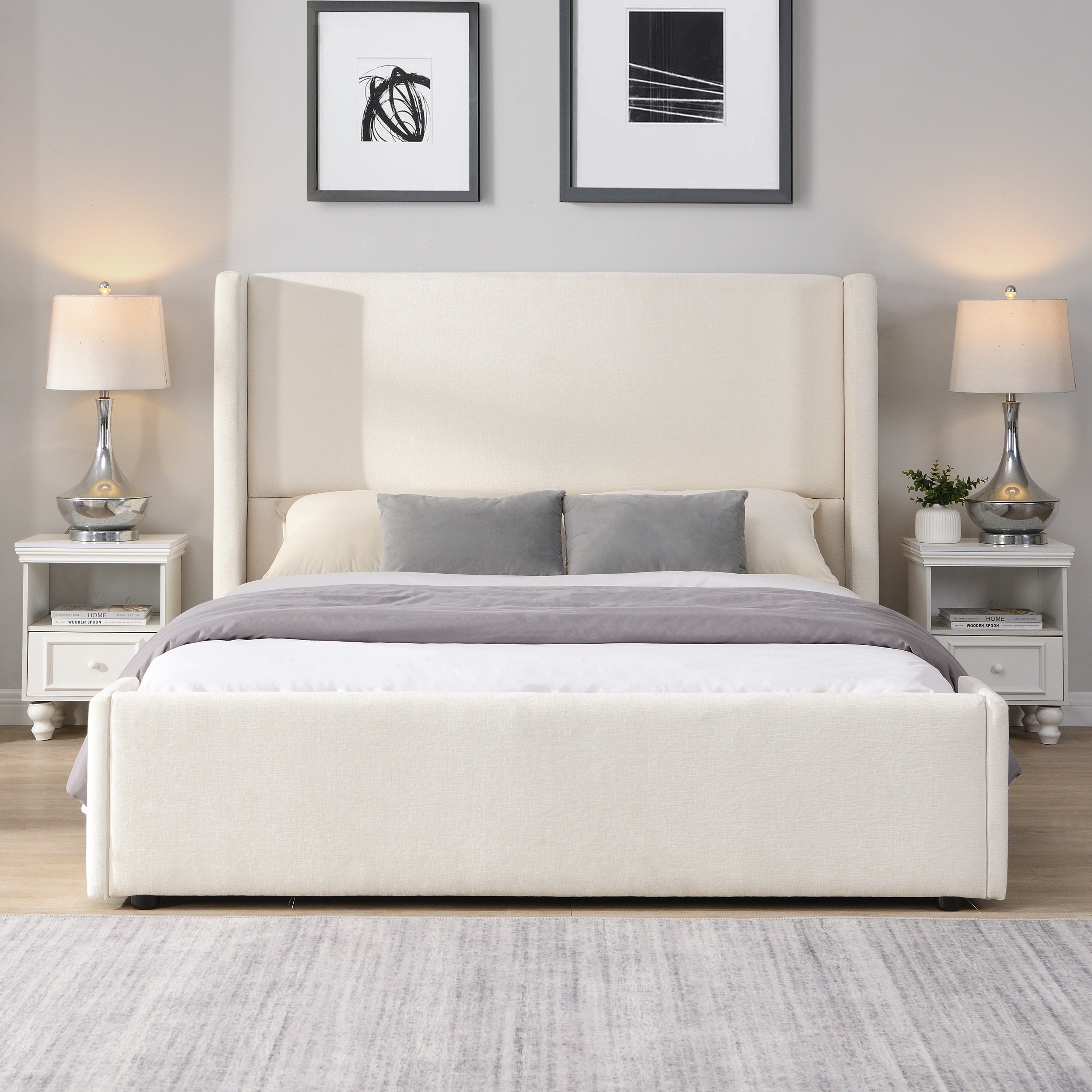 Elegant White Fabric Upholstered Bed with Tall Headboard, White, Queen