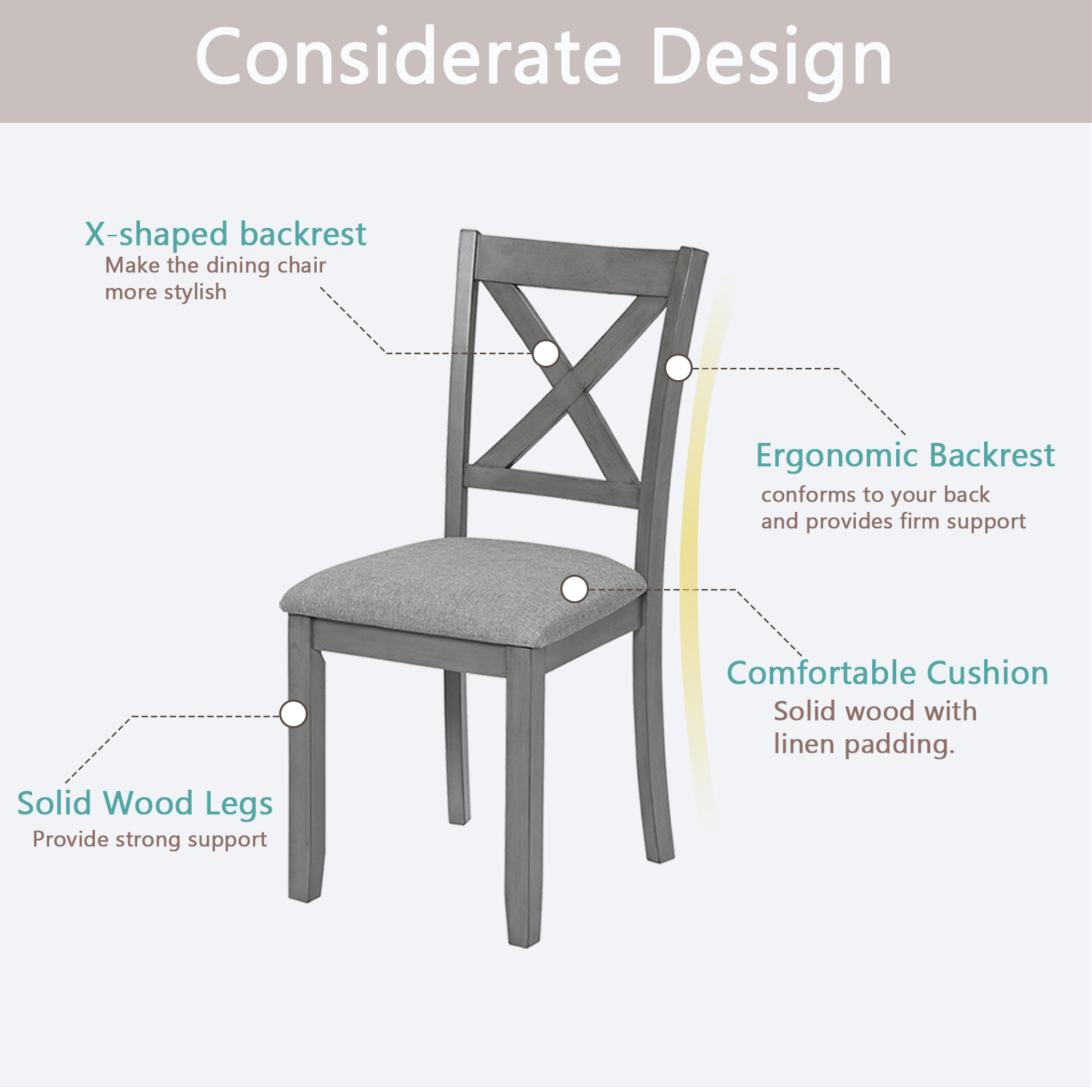 Dining Chairs Only, Wooden Dining Chairs Set of 4, Kitchen Chair with Padded Seat, Upholstered Side Chair for Dining Room, Living Room, Gray 5