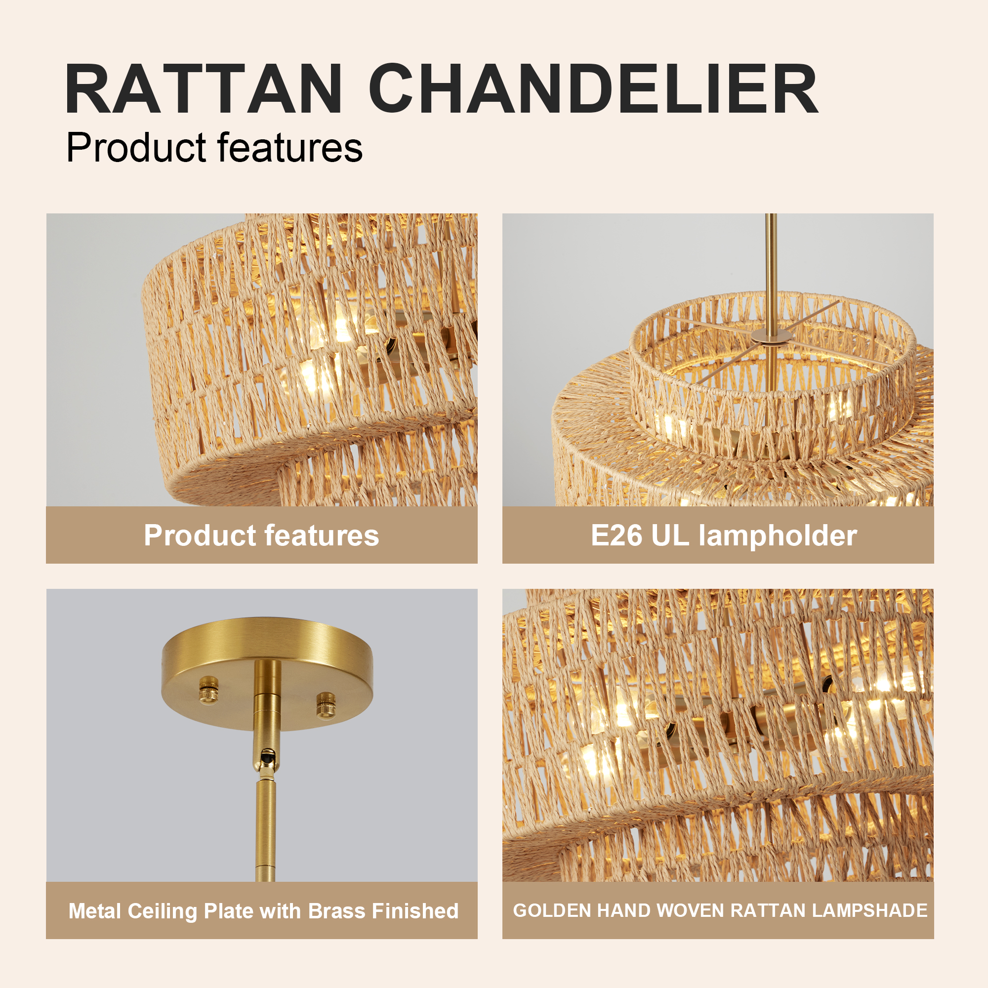 17.7" Boho Rattan Chandelier for Dining Room Light Fixture, 4-Light Hand Woven Wicker Pendant Light Fixture, Farmhouse Rustic Hanging Chandelier for Dining Room, Kitchen Island, Living, Bedroom — foto 3