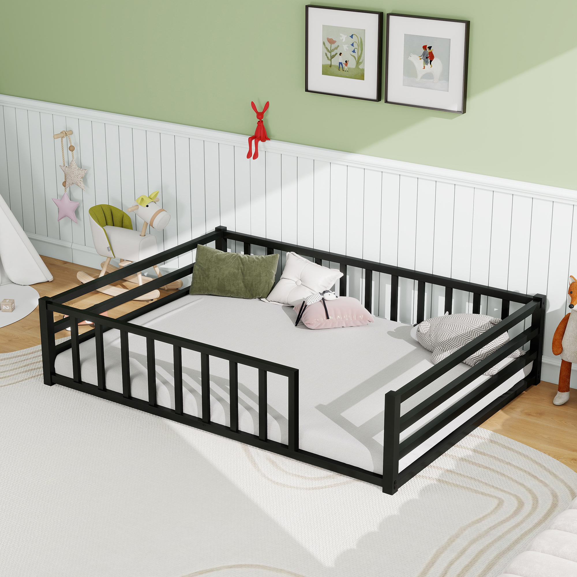 Full Size Floor Bed, Low Profile Metal Platform with Heavy Duty Guardrails, No Box Spring Needed, Black