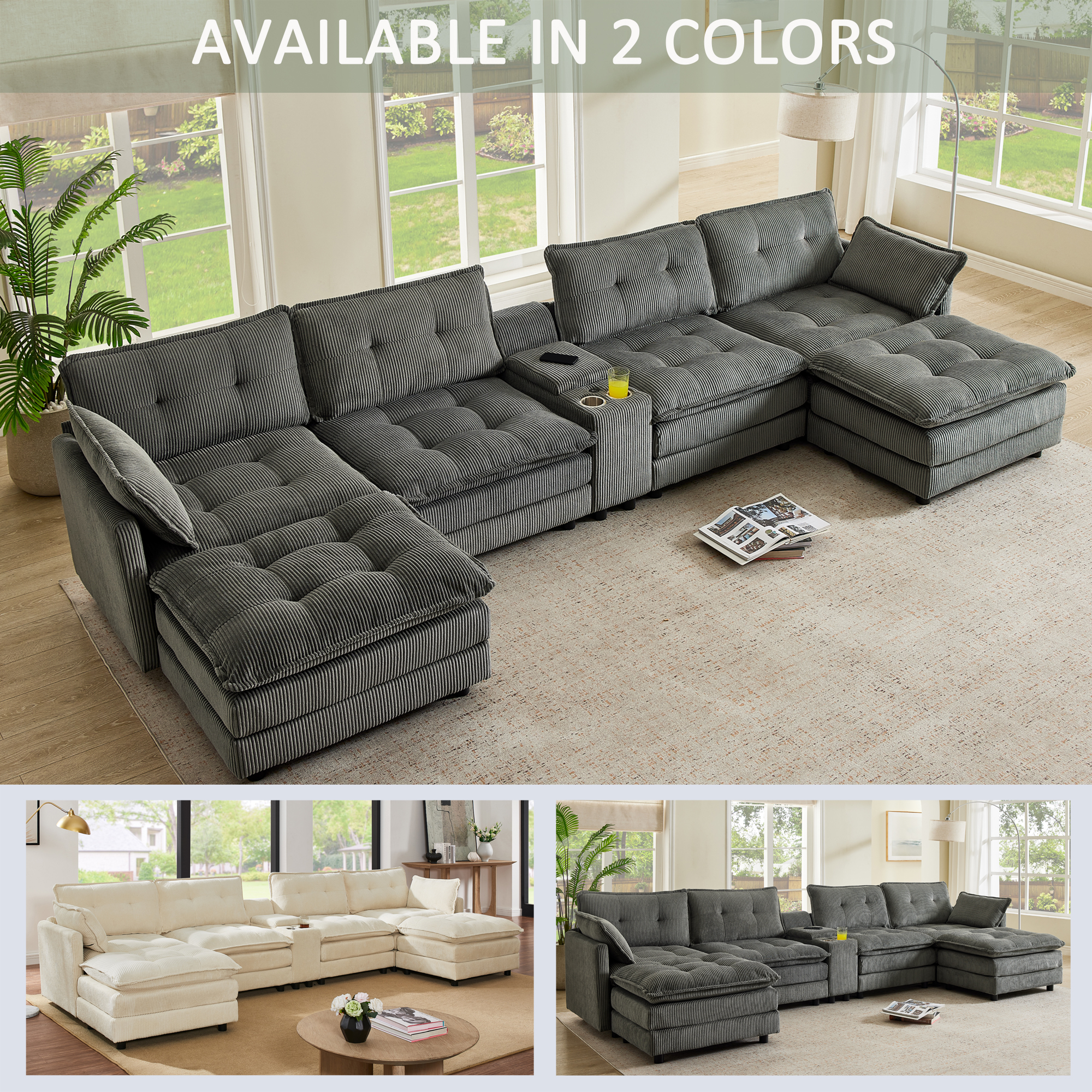 154" Sectional Cloud Sofa Couch with Ottomans, Modular U Shaped Couches for Living Room, Comfy Corduroy Oversized Sectional Modern 6 Seat Deep Seat Sofa Set with Central Console USB Port, Grey — foto 6