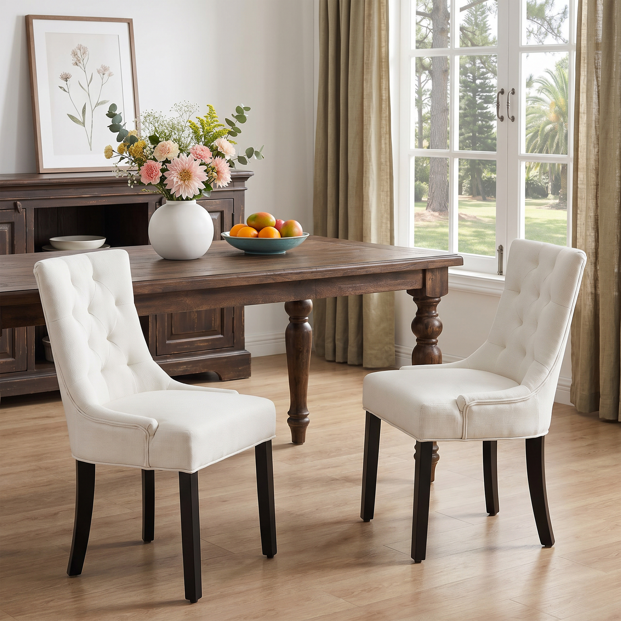 Modern Tufted Dining Chair, Linen Upholstery Chair with Solid Wood Legs, Buttonless Deep Tufted Back Armchair for Dining Room, Kitchen and Living Room, Set of 2 (Beige)