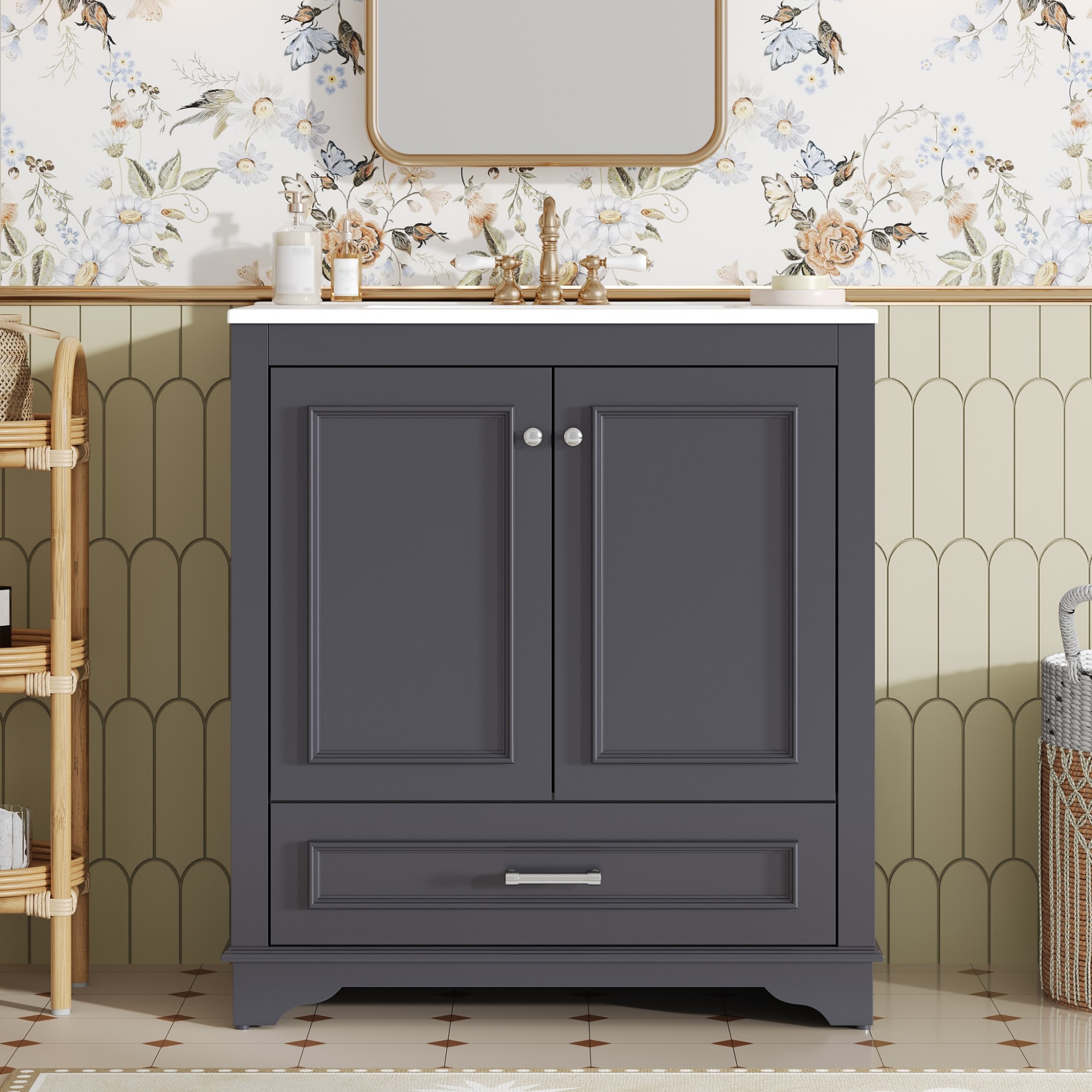 30" Luxurious Bathroom Vanity with Ceramic Sink, Bathroom Vanities Cabinet with 2 large Soft Closing Doors, Solid Wood Frame Bathroom Storage Cabinet