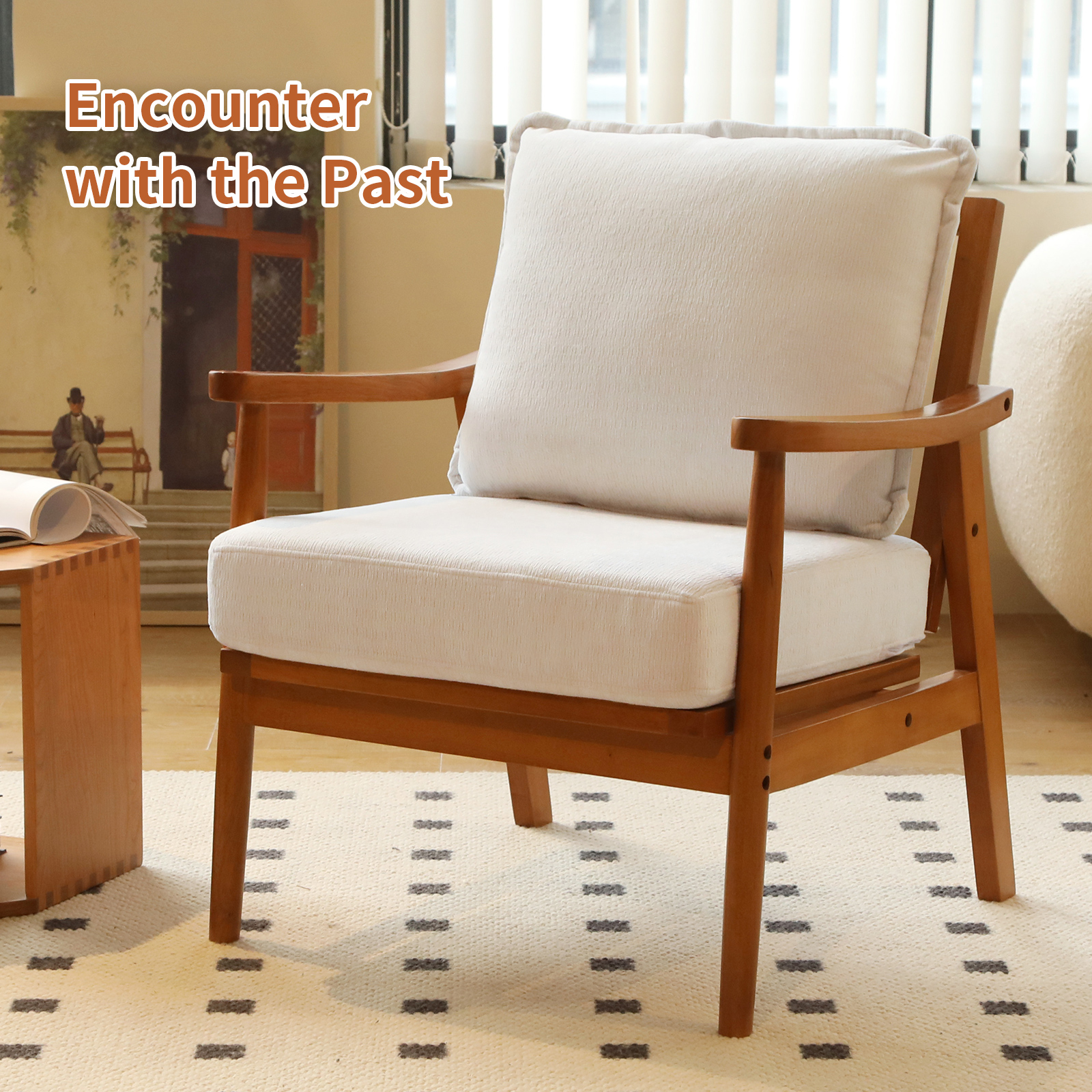 Cute Accent Chair with Solid Wood Frame, Living Room Chair with Soft Fabric Cushion, Cozy Bedroom Chair, Comfy Armchair Reading Chair for Apartment, Waiting Room, Balcony (White) — foto 2