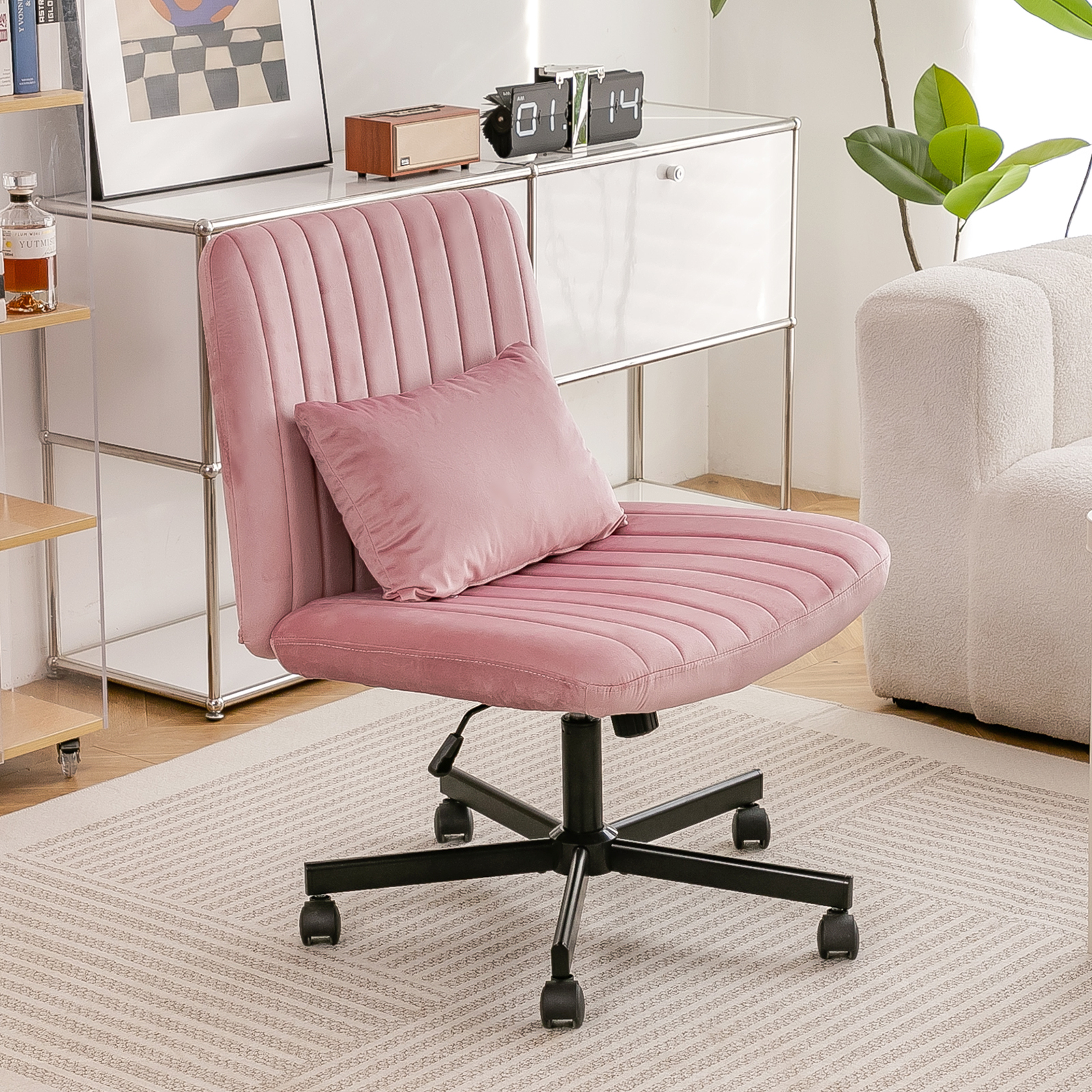 Light Pink Velvet Criss Cross Armless Office Chair with Wheels - Versatile for Home Office, Meditation & Makeup