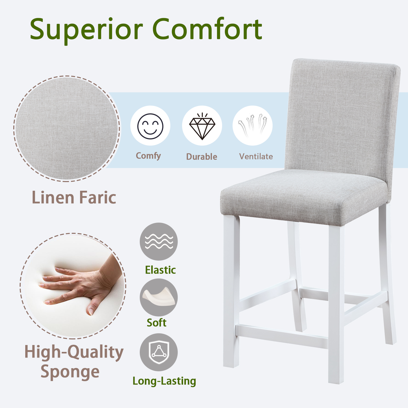 Counter Height Chairs set for 4, Kitchen Chair with Padded Seat, Counter Height Barstool for Dining Room, White & Gray 8