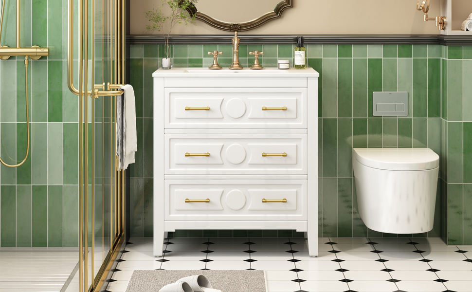 30'' Bathroom Vanity with Ceramic Sink Combo, Free Standing Single Vanity Set with 3 Drawers, Solid Wood Frame Bathroom Storage Cabinet, White — foto 6