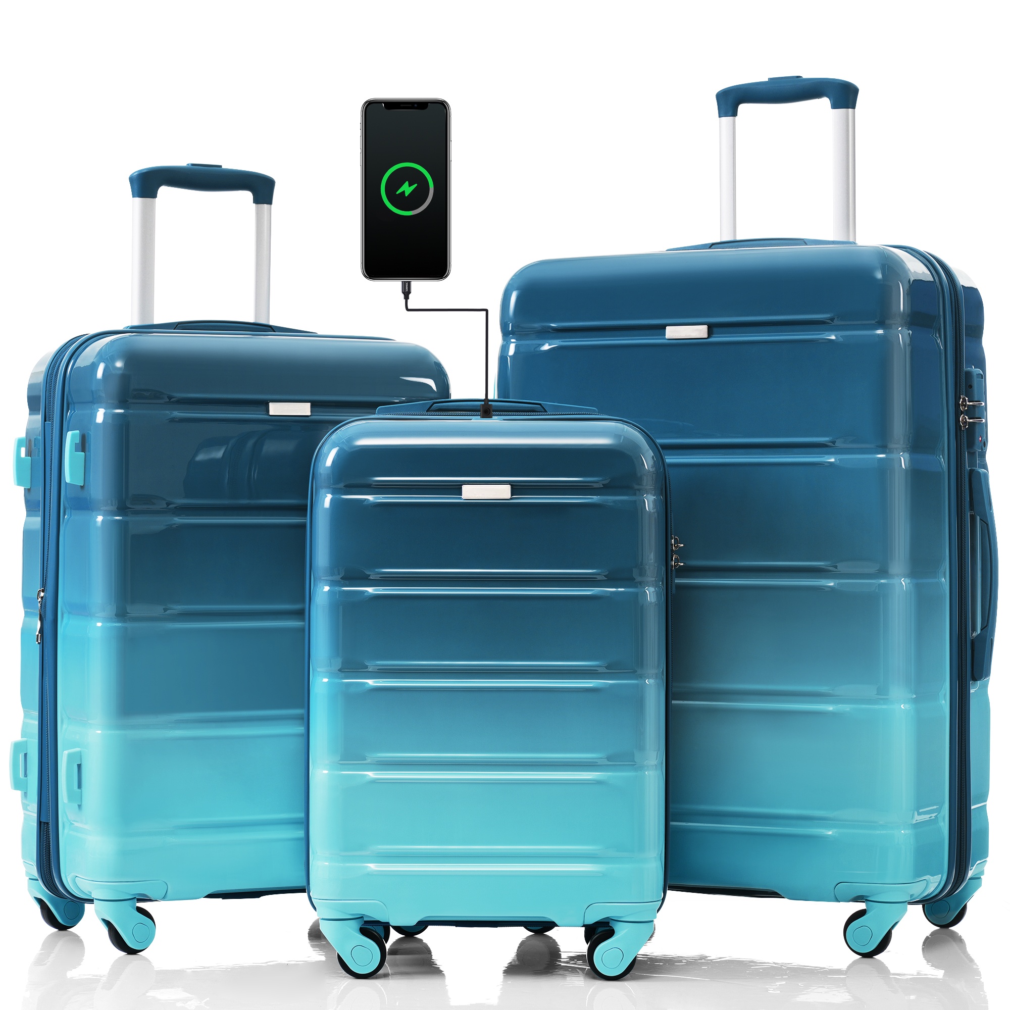 Luggage Set of 3, 20-inch with USB Port, Airline Certified Carry-on Luggage , ABS+PC Hard Shell Luggage with Spinner Wheels,blue 3