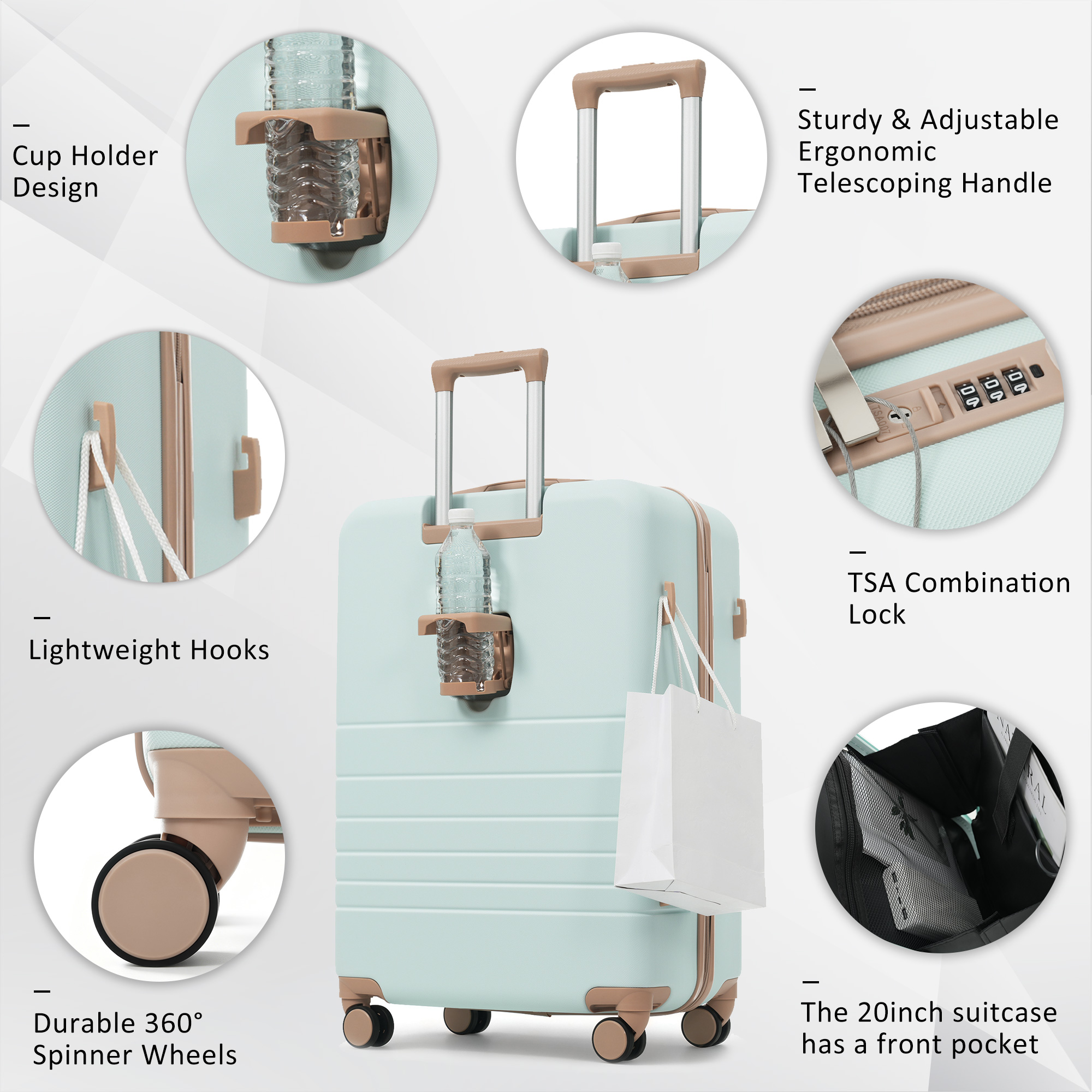 4-Piece Luggage Set with USB Charging Ports - 20in Carry-On (Front-Opening for Laptop) 28in Checked Suitcase with TSA Lock Travel Duffel Bag Wet-Dry Toiletry Bag, grey green 3