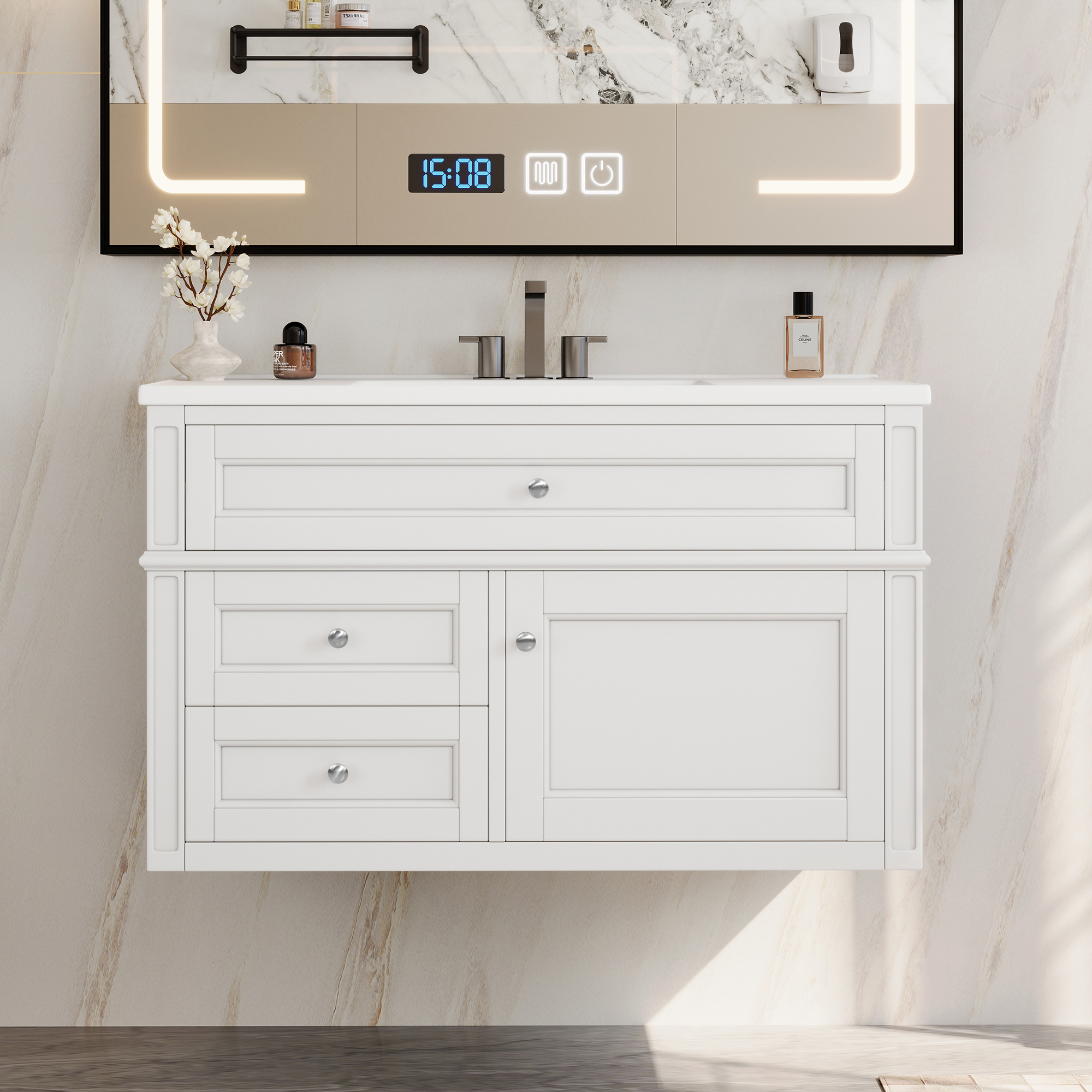 36'' Wall Mounted Bathroom Vanity, Floating Bathroom Storage Cabinet with 2 Drawers, 1 Tip-out Drawer, 3 Holes Single Ceramic Sink, Modern Cabinet.