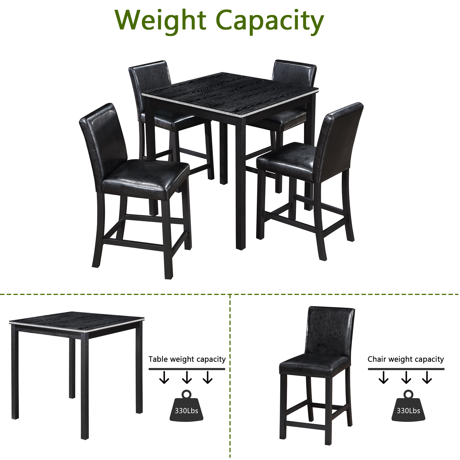 5 Piece Counter Height Table Set, Wooden Kitchen Table Set with Square Table and 4 Upholstered Chairs, Counter Height Dining Table with Crystal Decoration and Chair Set for Kitchen, Dining Room,Black — foto 2