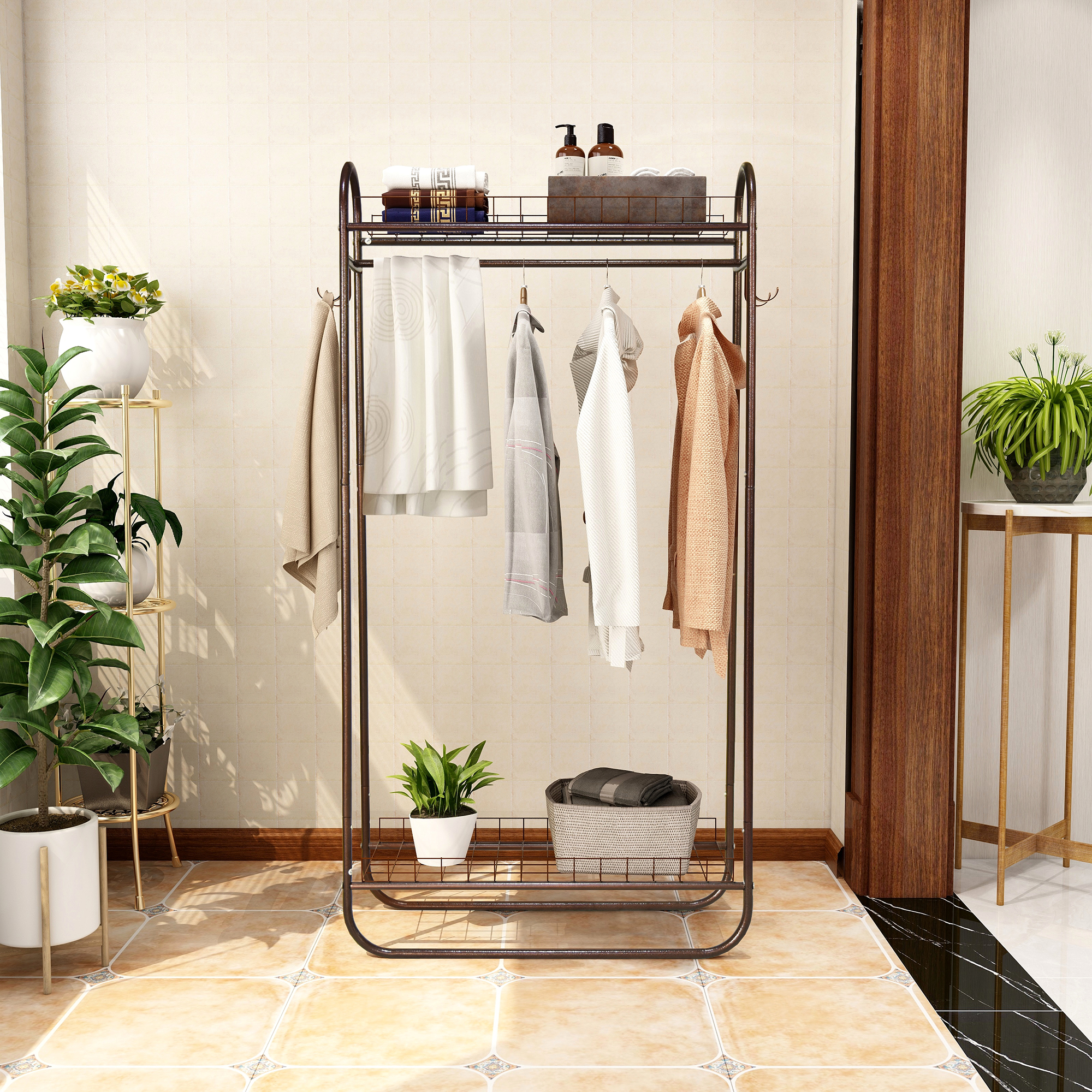 Garment Rack Freestanding Heavy Duty Clothing Rack, Metal Rolling Clothes Rack with Double Shelves, Portable Wardrobe Rack for Hanging Clothes — foto 3