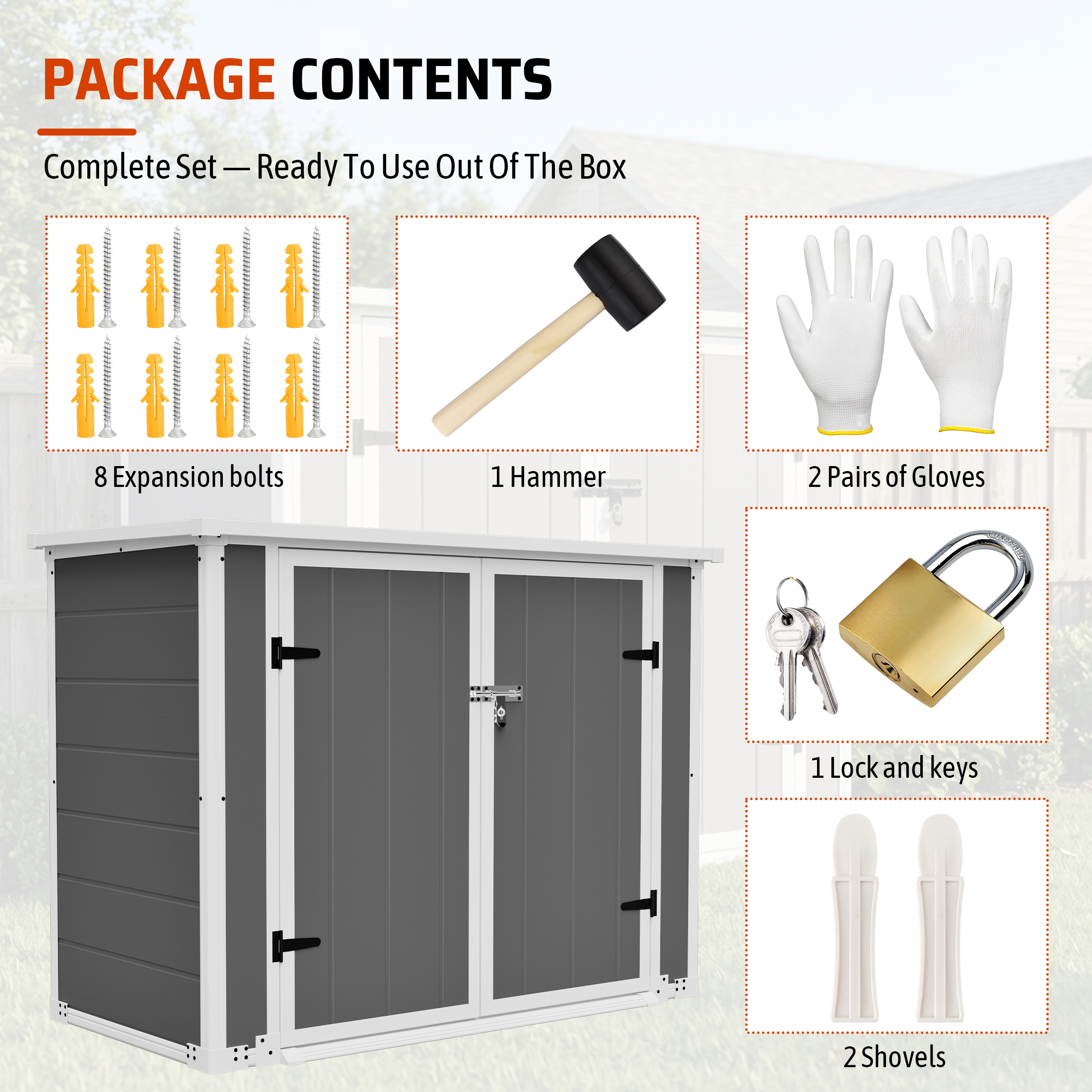 Horizontal Outdoor Storage Shed with Ramp & Hydraulic Lid, Lockable Waterproof Storage Cabinet for Trash Cans, Tools & Firewood — foto 4