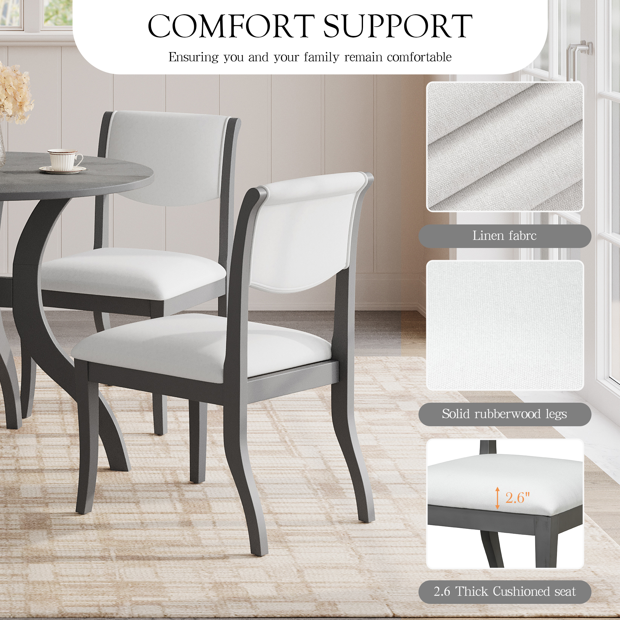 Oak Gray Finish Upholstered Dining Chairs Set of 2 - Traditional Elegant Fabric Side Chairs with Curved Lines, Solid Hardwood Frame — foto 2