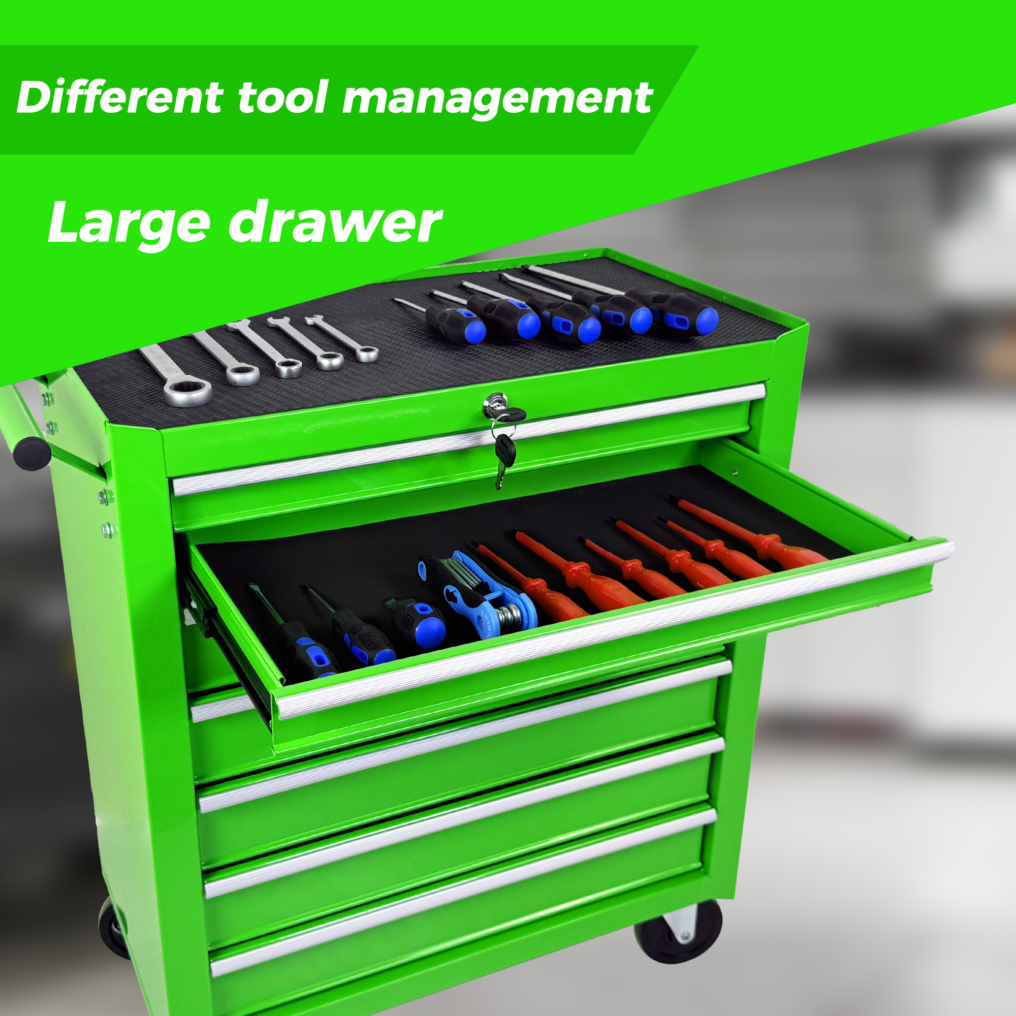 Rolling Tool Chest with 7-Drawer Tool Box with Wheels Multifunctional Tool Cart Mechanic Tool Storage Cabinet for Garage, Warehouse, Workshop, Repair Shop -GREEN — foto 14