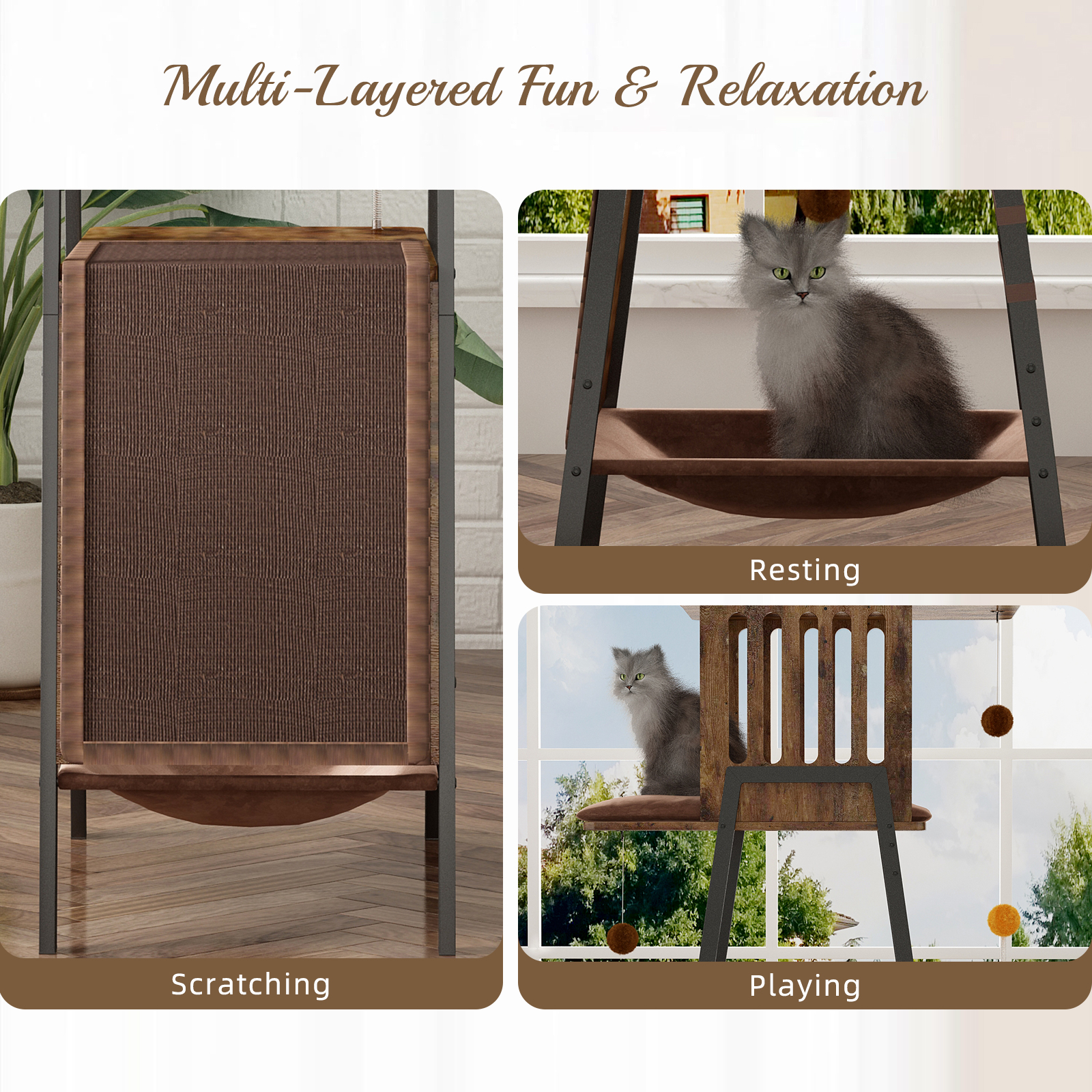 Modern Cat Tree, 58-Inch Cat Tower for Large Cats, Maine Coon Cat Tree with Scratching Board, Large Perch, Hammock and Removable Pads, Rustic Brown — image 1