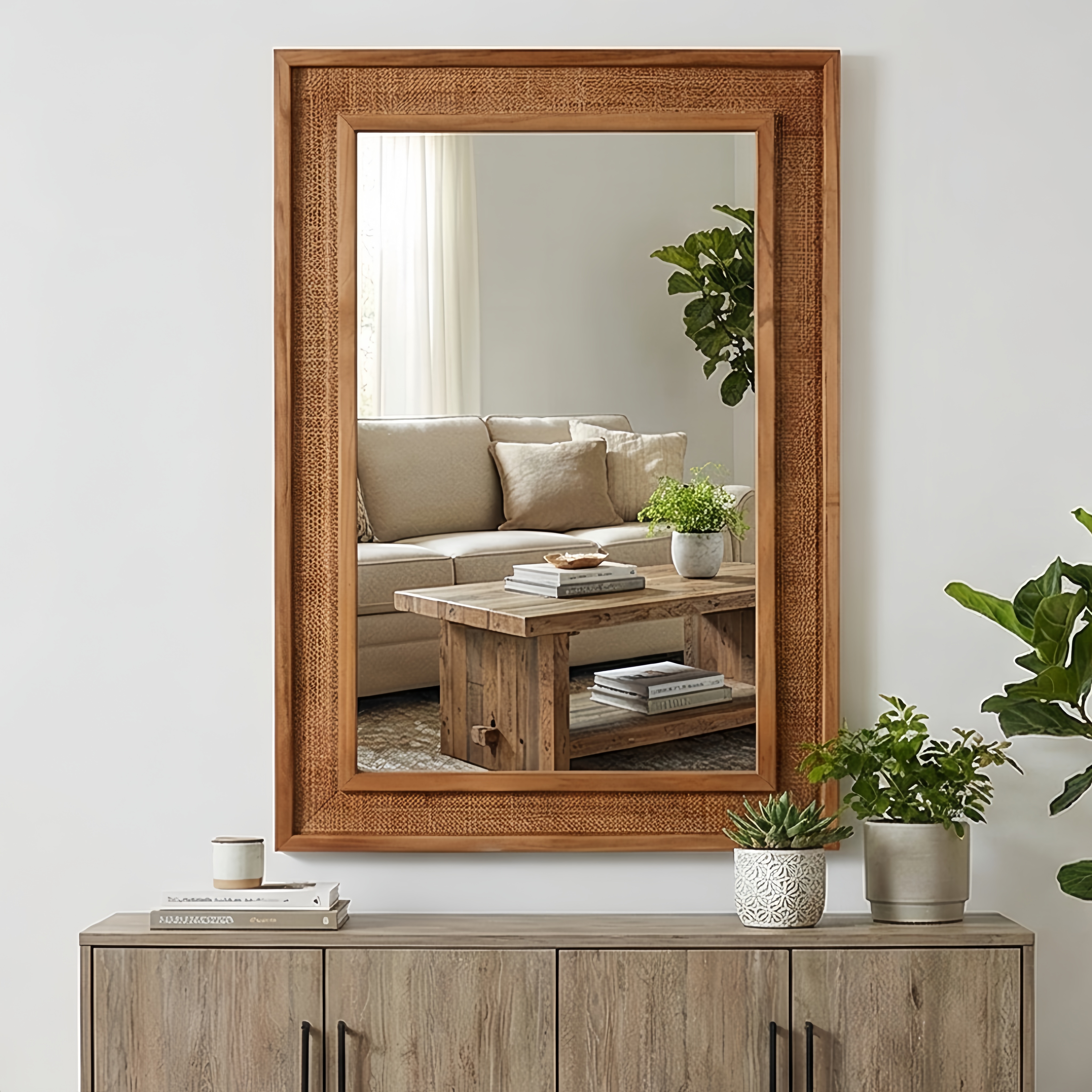 Yellowish Brown 20"x30" Rattan Rectangle Solid Wood Frame Decorative Mirror,For Farmhouse,Bathroom,Home Decor,Entryway — foto 4