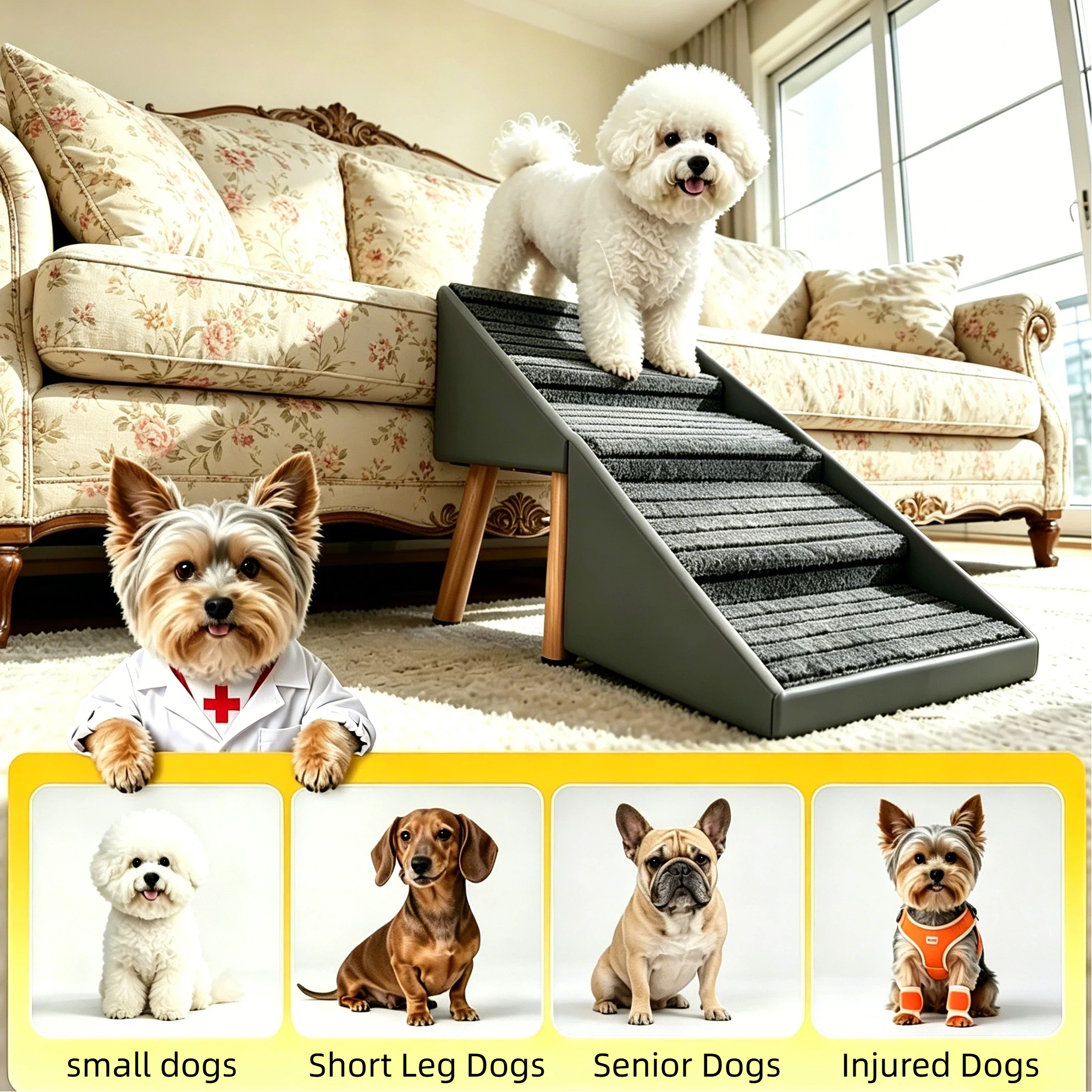 2-in-1 Dog Stairs for Bed and Couch 19.69" Foldable Dog Ramp for Couch 4 Pet Steps  & Ottoman for Small Dogs, Grey — foto 7