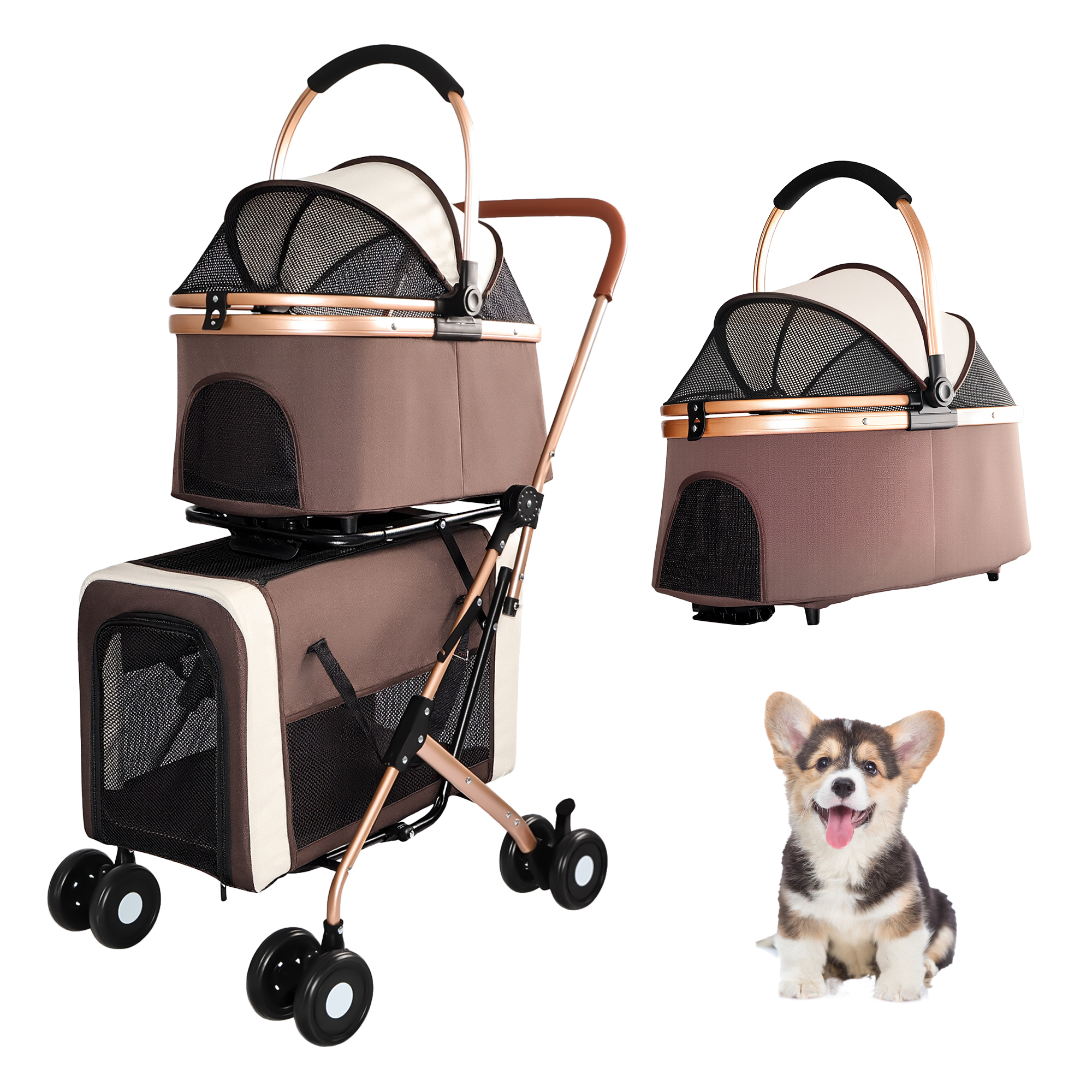 Double Pet Stroller for Dogs and Cats, Foldable Frame, 3-in-1 Convertible Carrier/Tote, Shockproof Wheels, Brake System, Fixed Safety Leashes for Small/Medium Pets in Multi-Pet Homes(Khaki) — foto 3