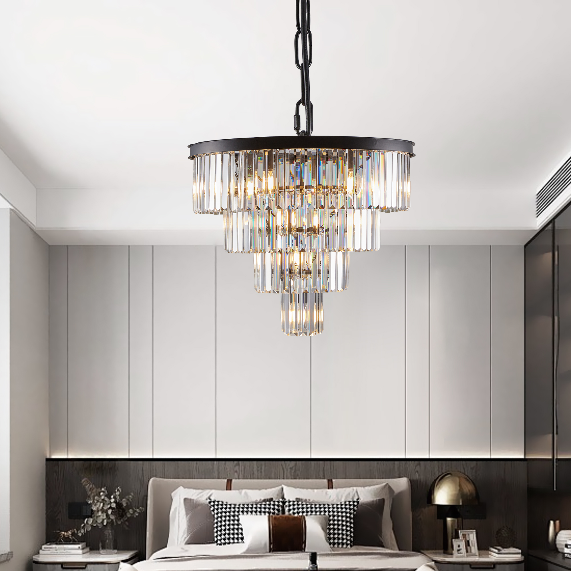 (Same as W1340P188542/L5007-600-B) 24" Contemporary Crystal Modern Chandeliers Crystal Ceiling Chandelier 4 Tier Black Chandelier Lighting for Dining Room Living Room Bedroom (Bulbs Not included) — foto 3