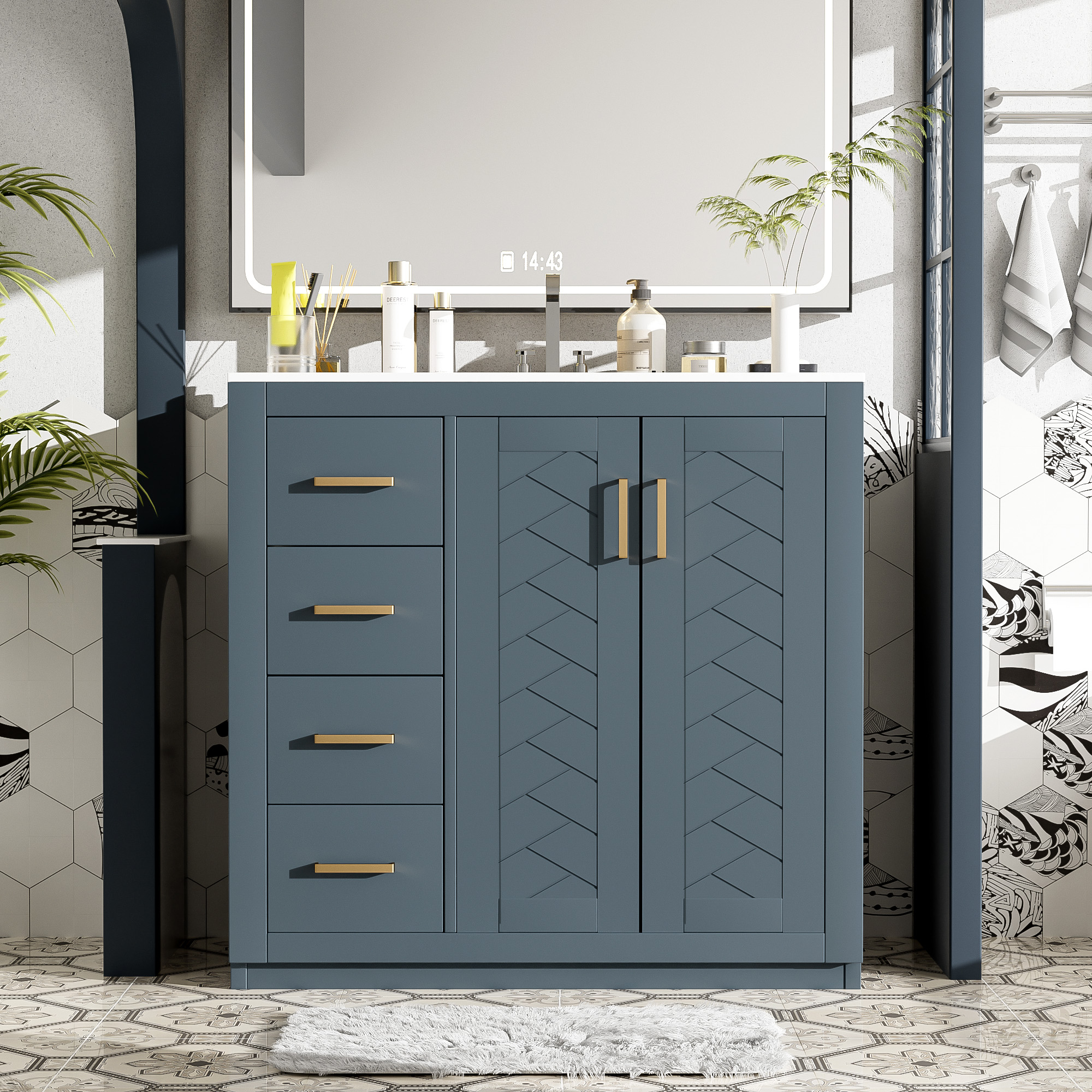 36'' Bathroom Vanity with Ceramic Sink Combo, Solid Wood Frame Bathroom Storage Cabinet, Freestanding Vanity Set with 3 Drawers& Soft Closing Doors