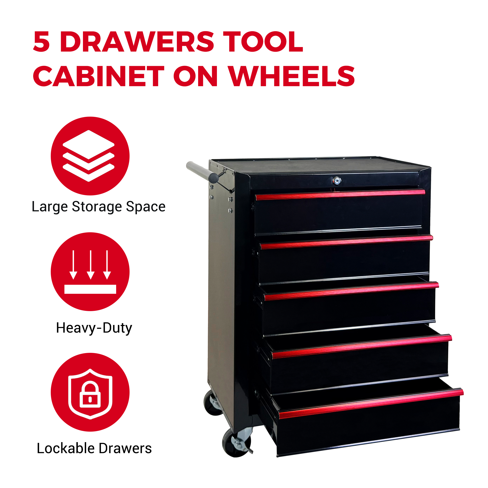 Rolling Metal Tool Chest with 5 Drawers, 20" 5-Drawer Tool Chest Cabinet with Ball Bearing Drawer Slides, Steel Tool Storage Box Organizer -BLACK — foto 7