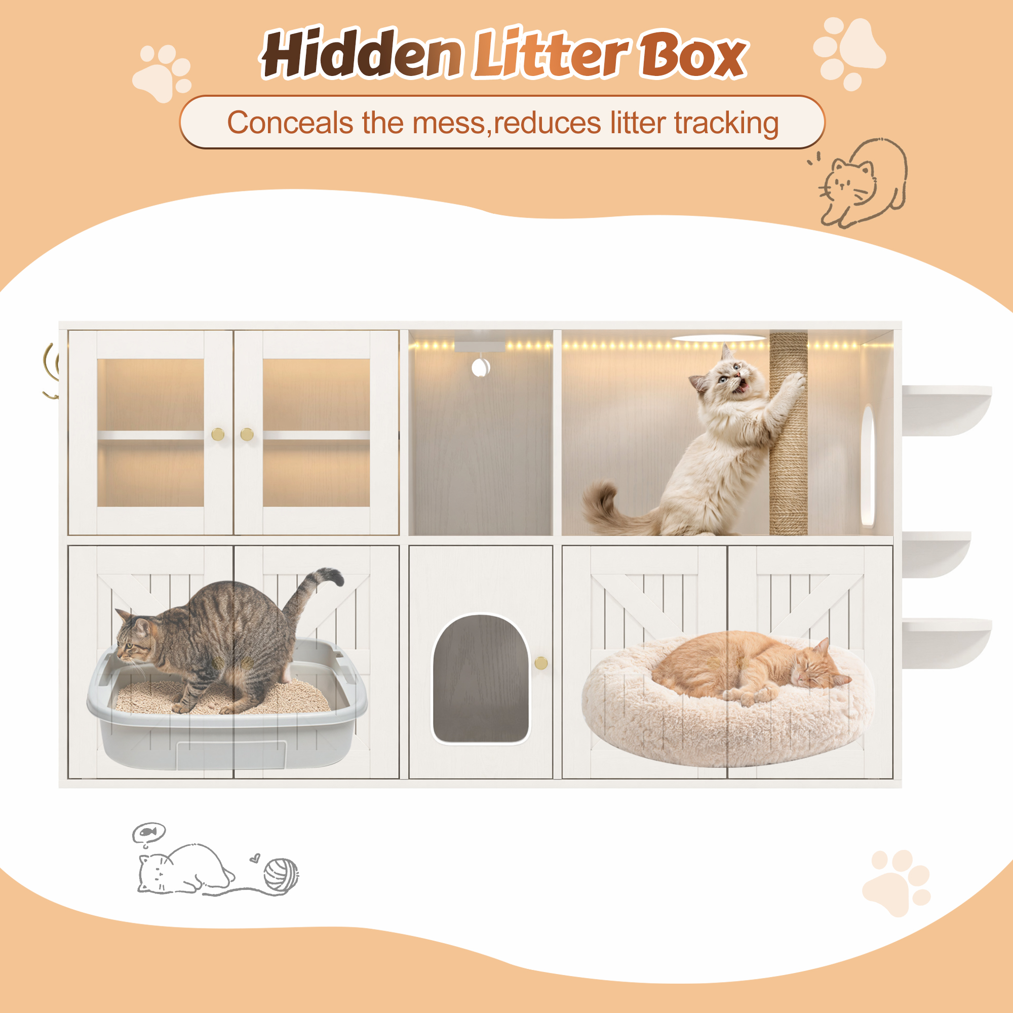73.23'' Farmhouse Cat Litter Box Enclosure Furniture, Hidden Cat Washroom with Built-in Scratching Post & LED Lights, Cat House with Storage Cabinets & Hooks,TV Stand End Table, White — image 1