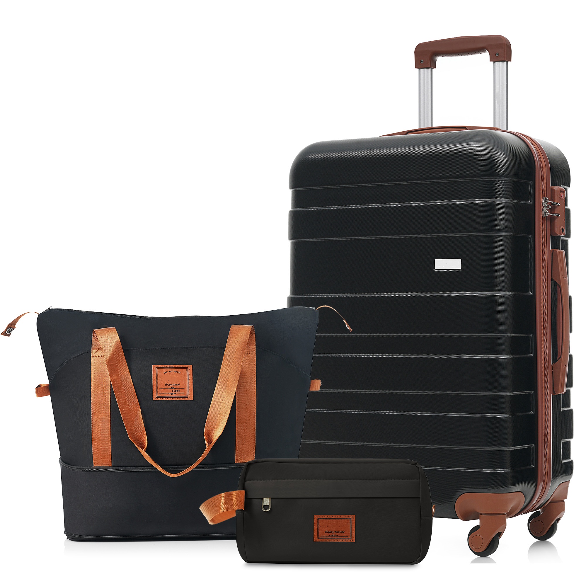 3-Piece Luggage Set  - 24in Checked Suitcase with TSA Lock Travel Duffel Bag Wet-Dry Toiletry Bag,black