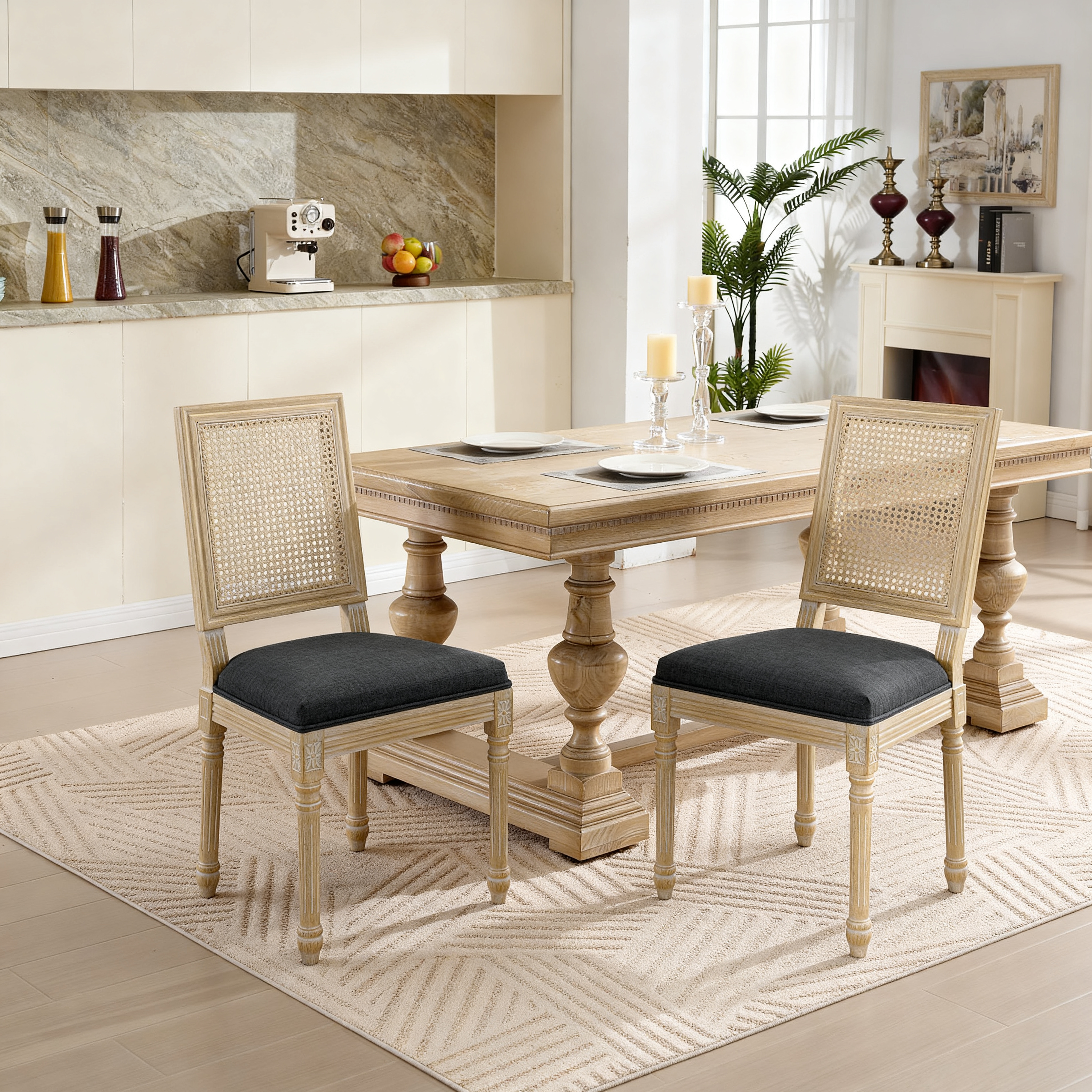 French Country Dining Chairs Set of 2, Upholstered  Chairs with  Rattan Square Back, Wire drawing and carving techniques ,Disassemblable ,  for Living Room, Kitchen , Restaurant Use, Grey