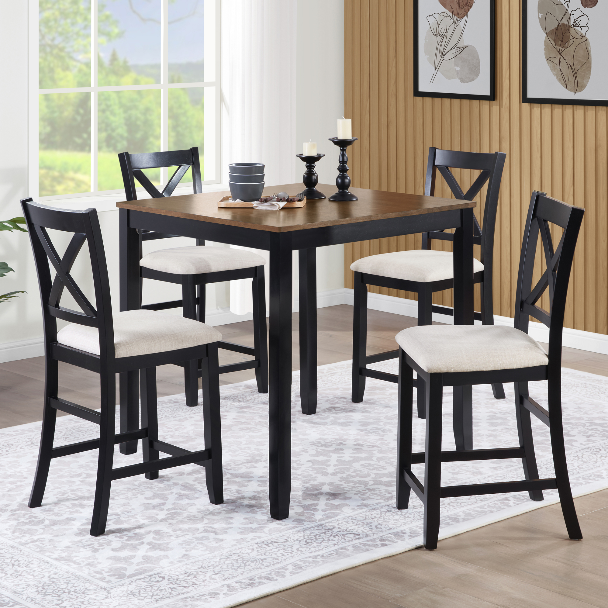 5-Piece Counter Height Dining Table Set with 4 Chairs, Classic Wooden Dining Table Set for 4, Timeless Farmhouse 4-Person Dining Table Set for Small Place, Kitchen, Dining Room, Black & Oak two tone — foto 4