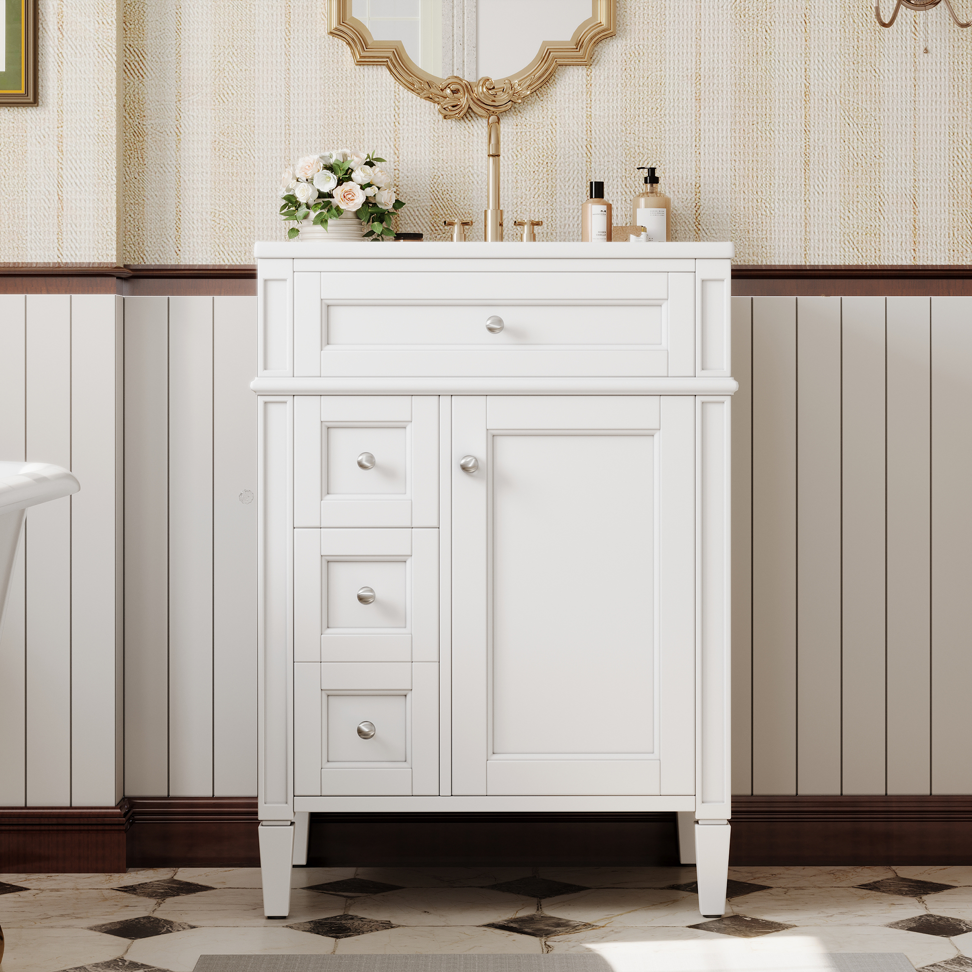 24'' Bathroom Vanity with Top Sink, Modern Bathroom Storage Cabinet with 2 Drawers and a Tip-out Drawer, Single Sink Bathroom Vanity