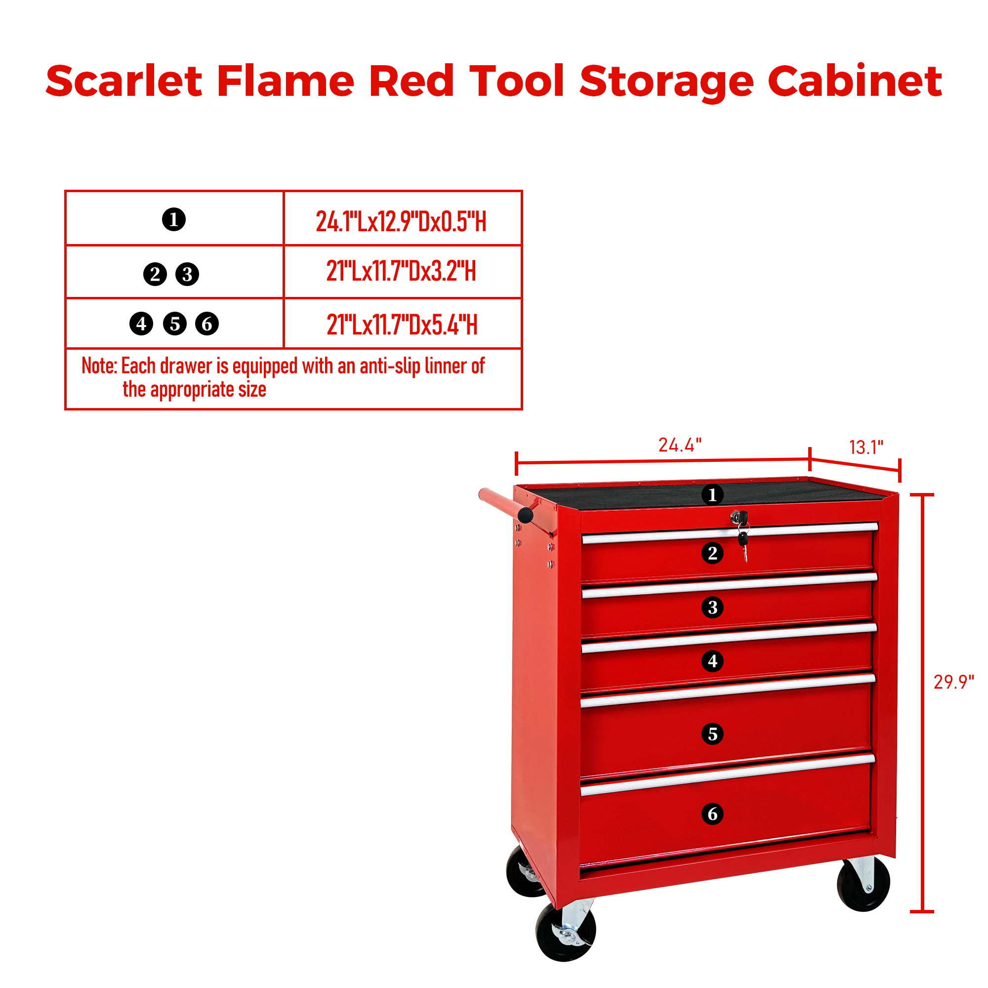 5-Drawer Rolling Tool Chest w/Lock & Key, Tool Storage Cabinet with Wheels, Top Cushion & Drawer Liners, Tool Organizer Box for Garage, Warehouse & Repair Shop-RED — foto 7