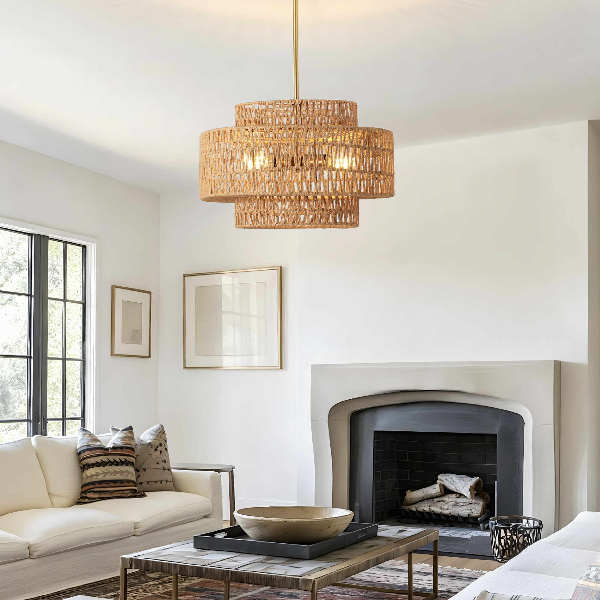 17.7" Boho Rattan Chandelier for Dining Room Light Fixture, 4-Light Hand Woven Wicker Pendant Light Fixture, Farmhouse Rustic Hanging Chandelier for Dining Room, Kitchen Island, Living, Bedroom — foto 7