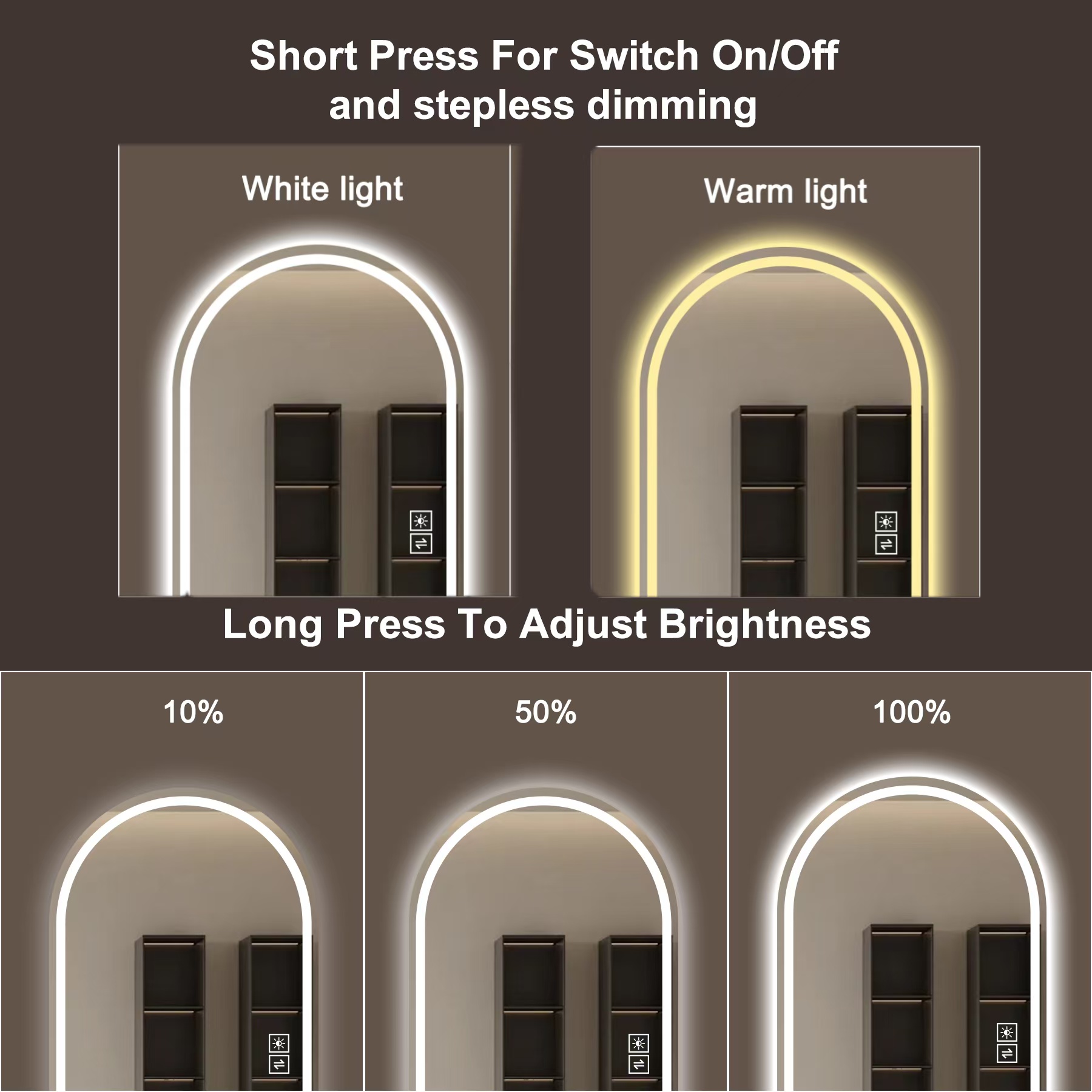 65" x 21"  Arch LED Bathroom Mirror - Dimmable Wall Mount Vanity Mirror with Anti-Fog, Shatterproof Glass, Tri-Color Lighting for Makeup Studio & Home Gym — foto 6