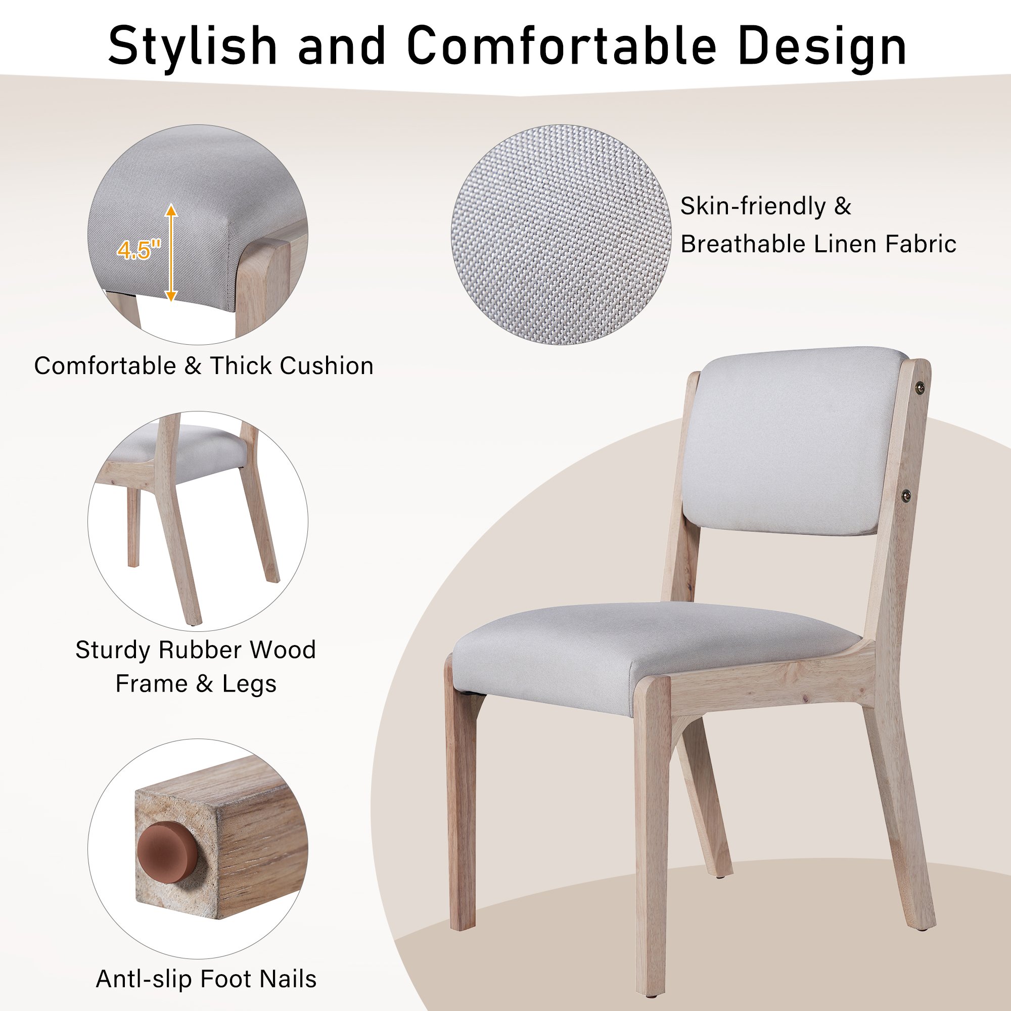 Wood Dining Chairs Set of 2, Modern Farmhouse Accent Chairs with Solid Wood Legs and Padded Seat, Modern Linen Kitchen & Dining Chairs Side Chairs for Dining Room, Beige — foto 6