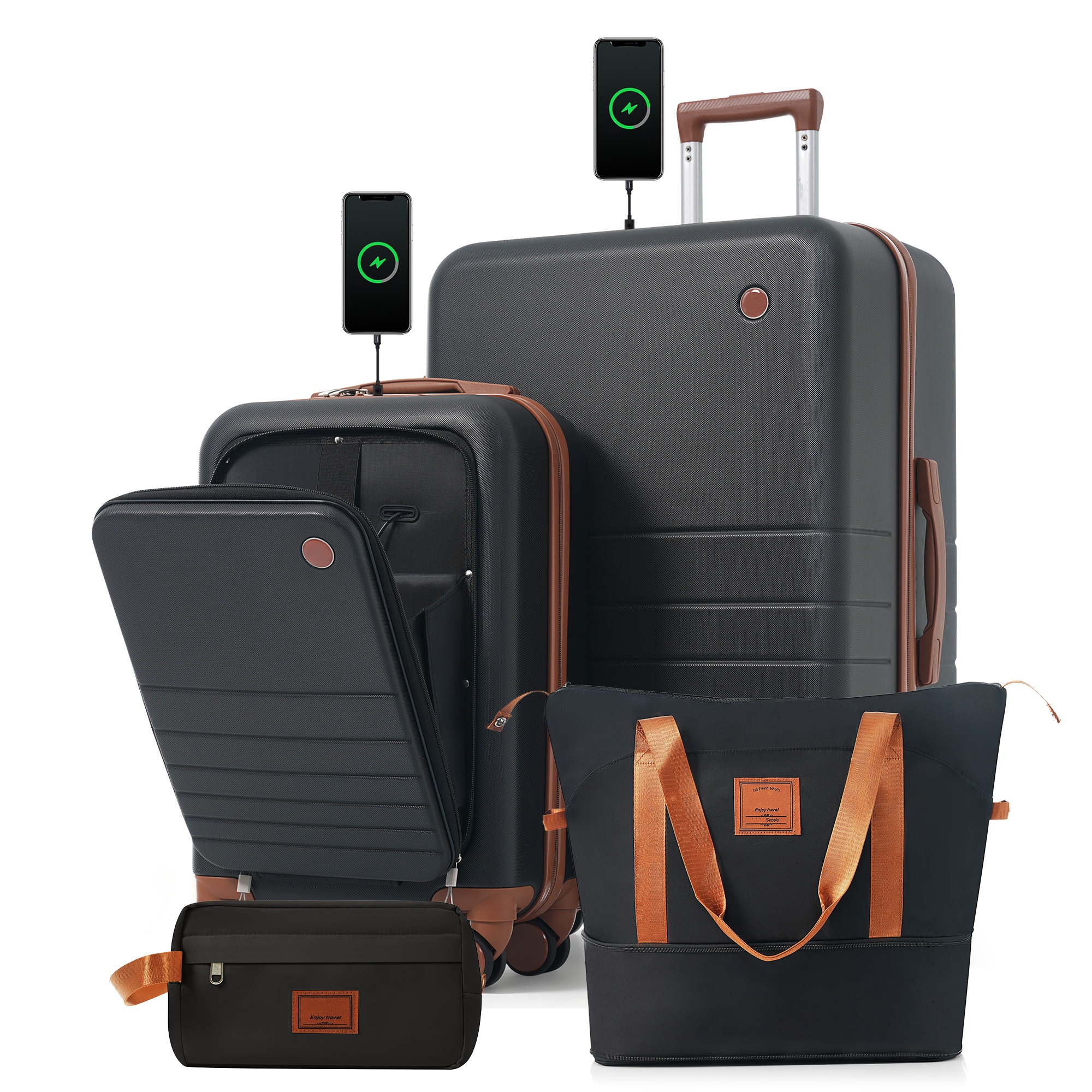 4-Piece Luggage Set with USB Charging Ports - 20in Carry-On (Front-Opening for Laptop) 28in Checked Suitcase with Tsa Lock Travel Duffel Bag Wet-Dry Toiletry Bag, black and brown