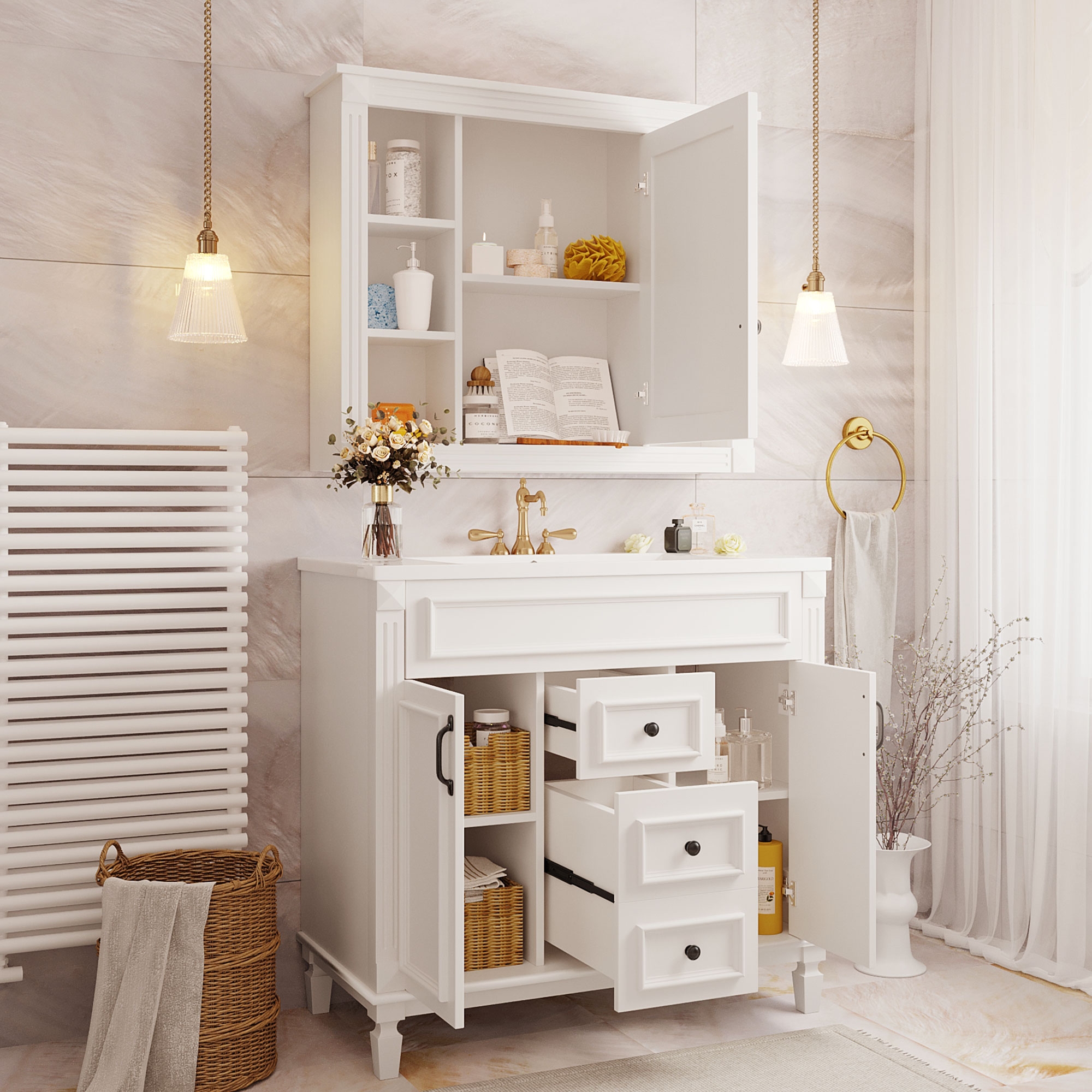 36'' Bathroom Vanity with Top Sink, Mirror Cabinet, Modern Bathroom Storage Cabinet with 2 Soft Closing Doors, Single Sink Bathroom Vanity