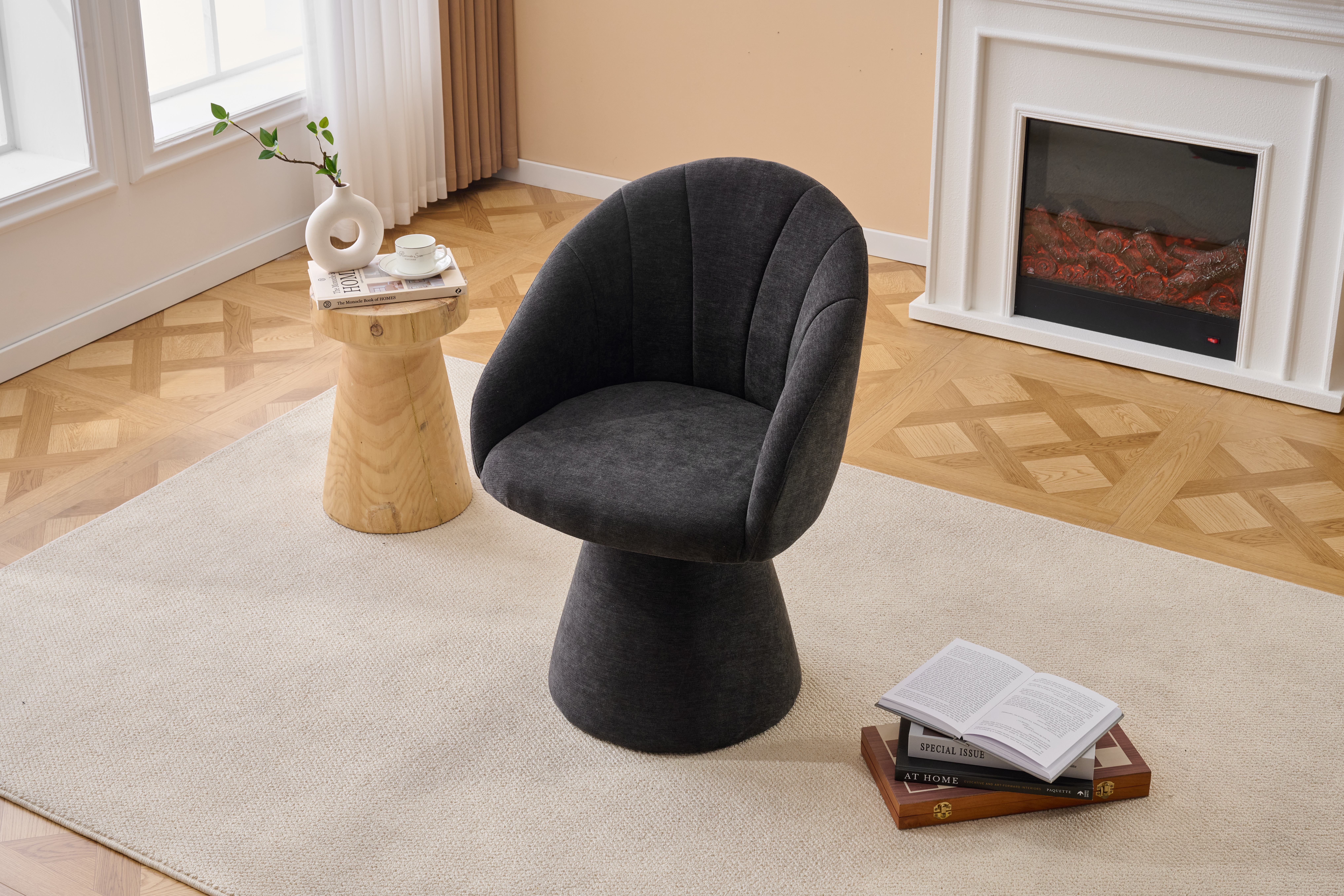 068-Chenille Fabric Swivel Accent Armchair, Comfy Vanity Chair With Curved Backrest, Upholstered Dining Chair With High Cylindrical Base,Gray — foto 7