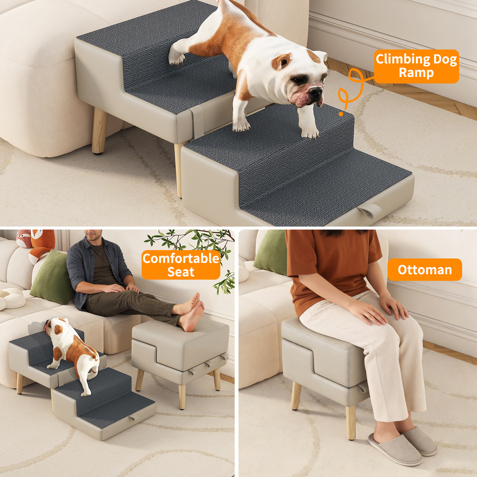 4-Step Ottoman Dog Stairs, 2-in-1 Foldable Pet Ramp for Bed,  Dog Ramp for Small Puppy and Cats, Sturdy Wood Frame Support with Non-slip walking surface, Holds Up To 220lbs ( Light Grey Color ) — foto 7