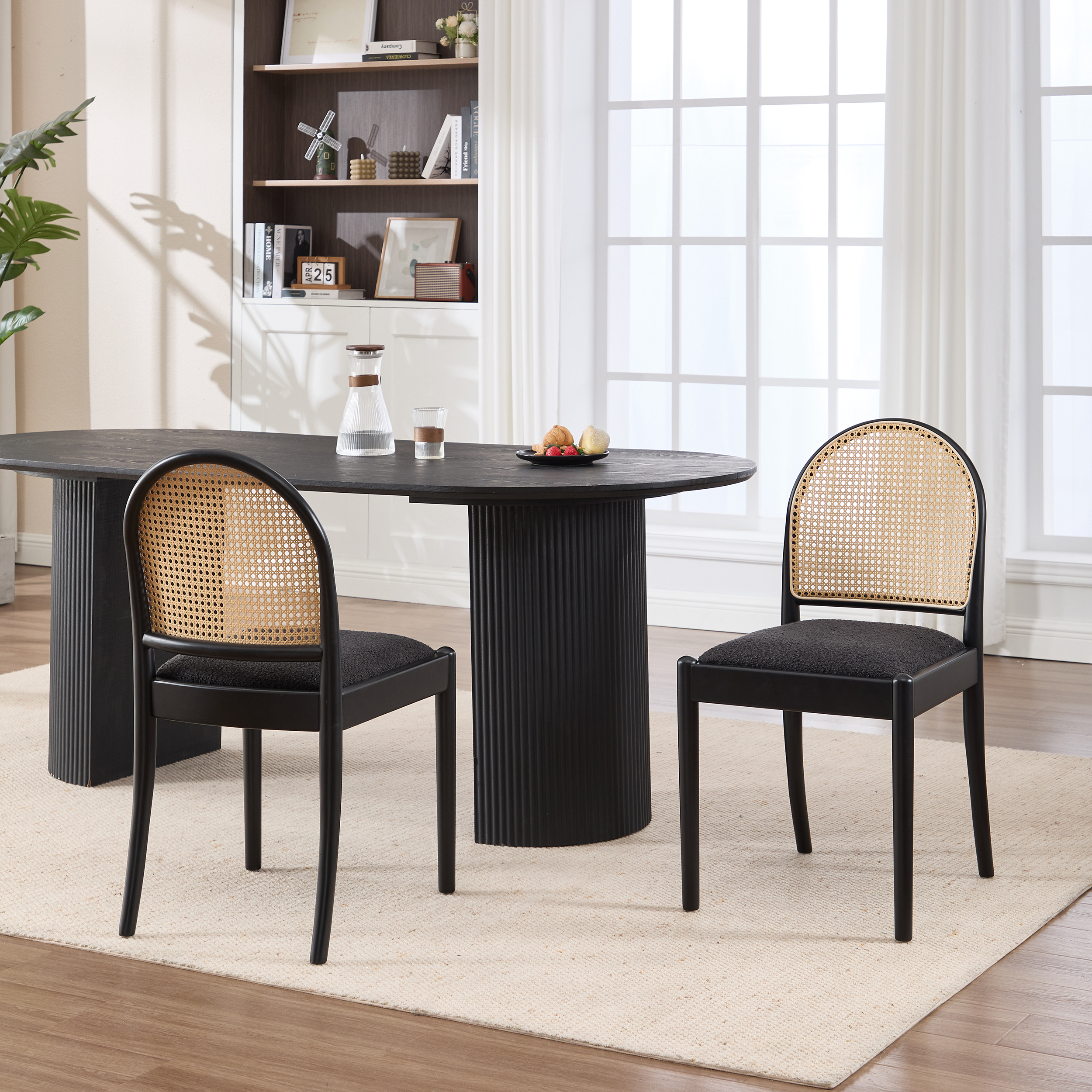 Rattan Dining Chairs Set of 2, Upholstered Linen Dining Room Chairs with Backrests, Modern Kitchen Chairs with Wood Legs for Dining Room, Black — foto 6