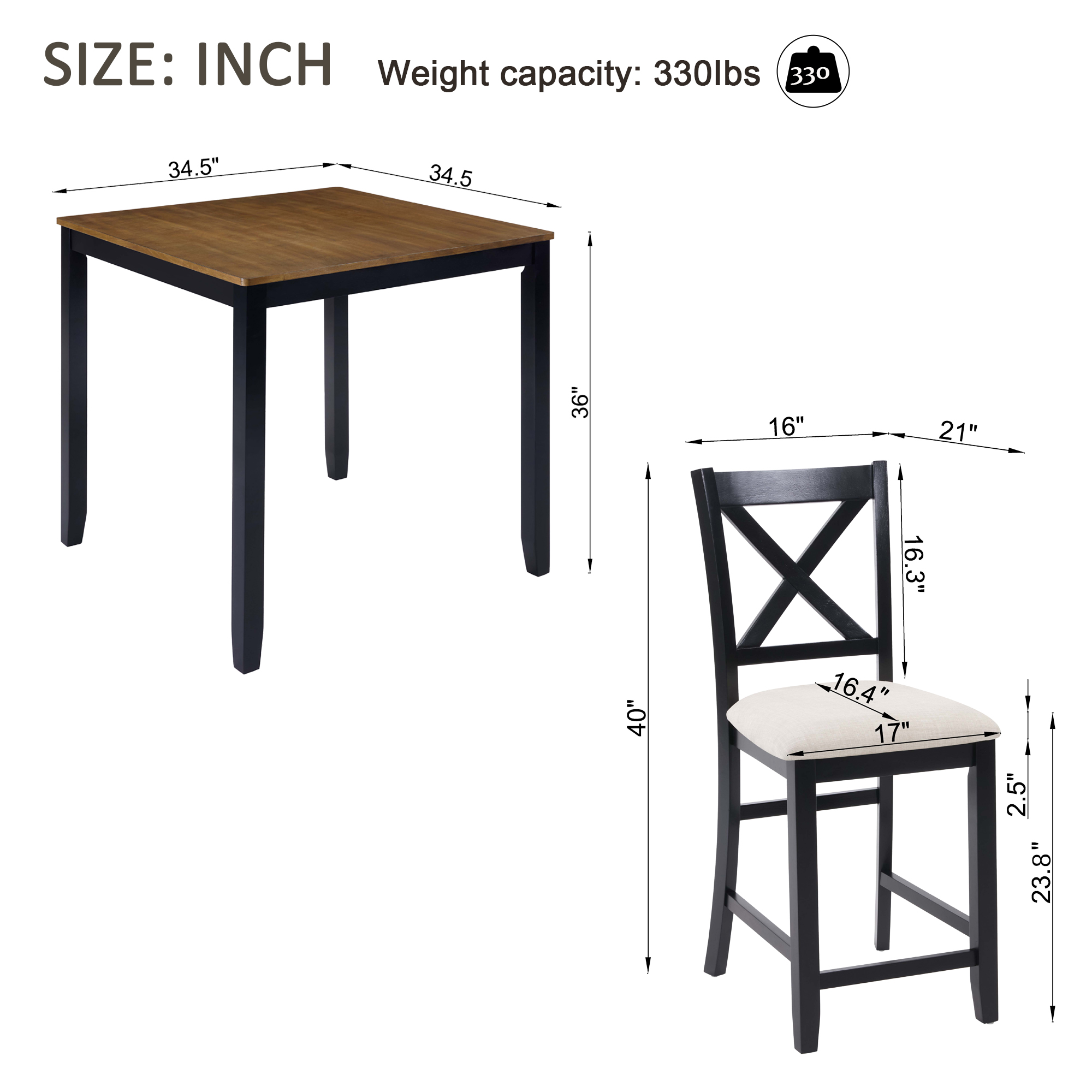 5-Piece Counter Height Dining Table Set with 4 Chairs, Classic Wooden Dining Table Set for 4, Timeless Farmhouse 4-Person Dining Table Set for Small Place, Kitchen, Dining Room, Black & Oak two tone — foto 2